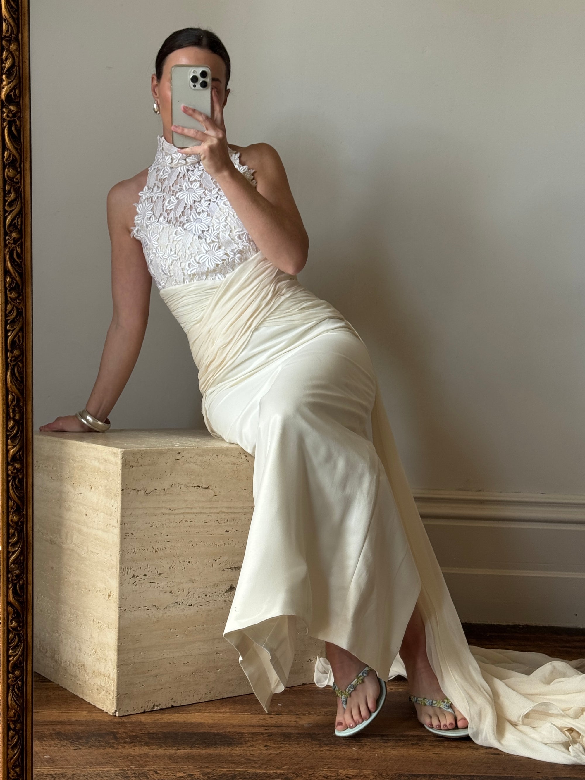 Vintage 90s High Front Lace Midi Dress with Pure Silk Train