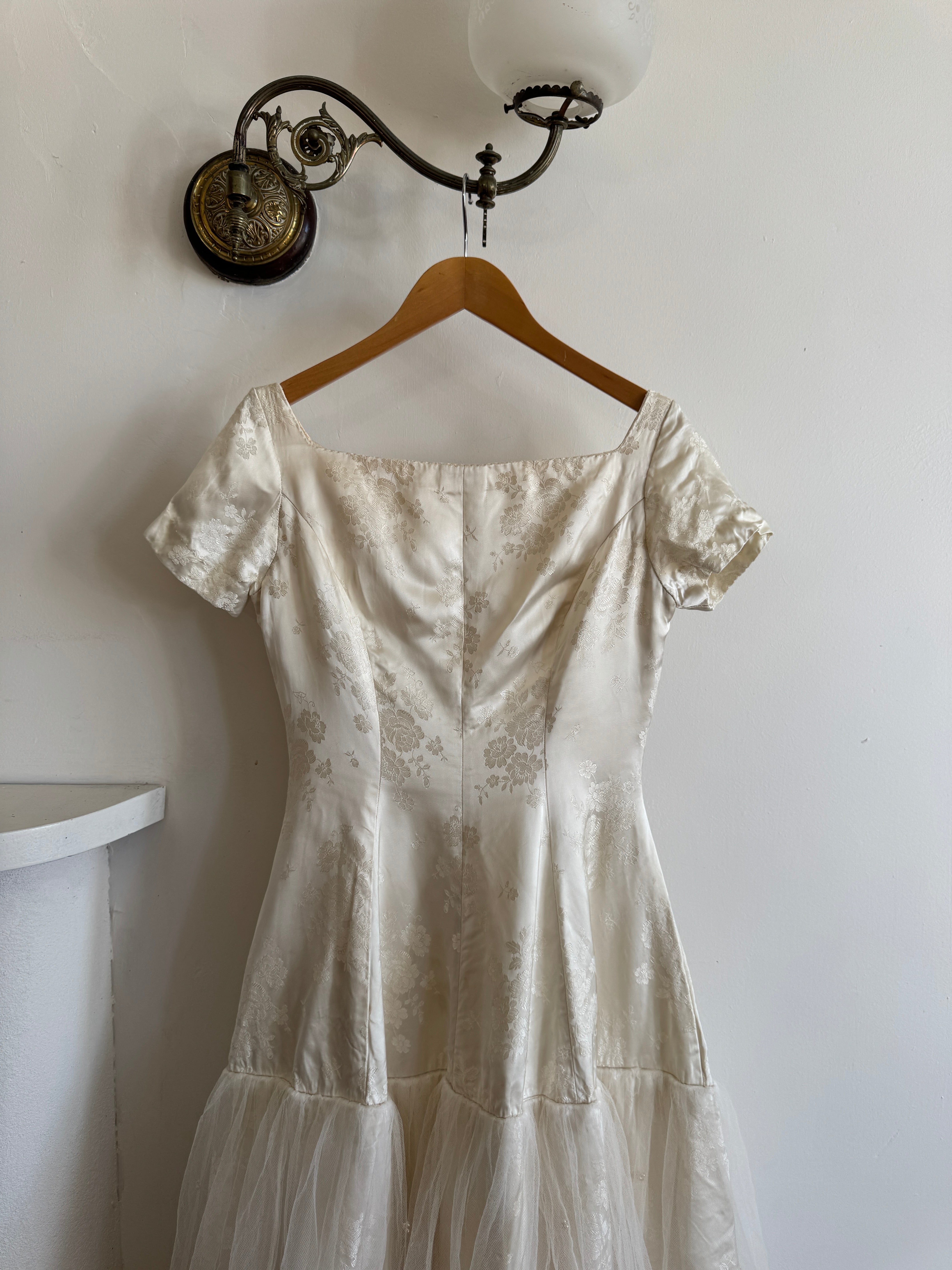 Vintage 50s Tea Length Jacquard Satin and Tulle Wedding Dress