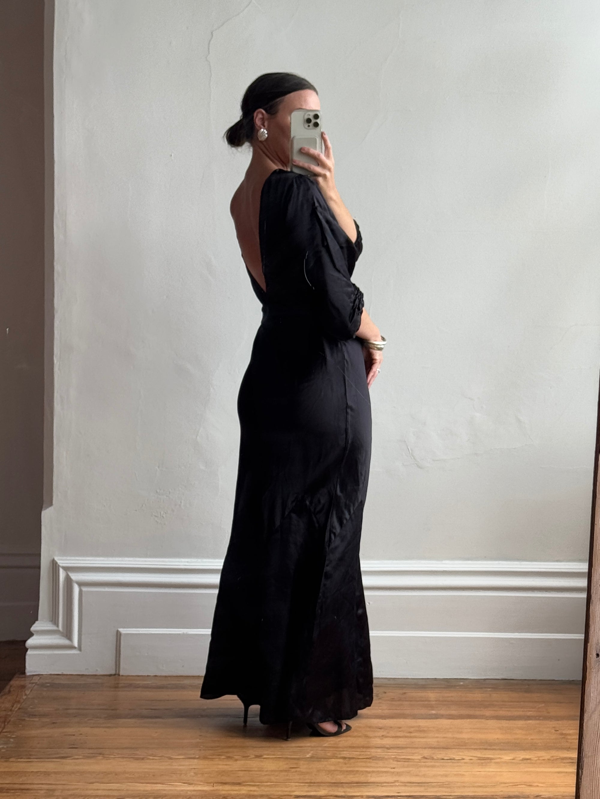 Vintage 30s Black Satin Backless ZigZag Fishtail Dress