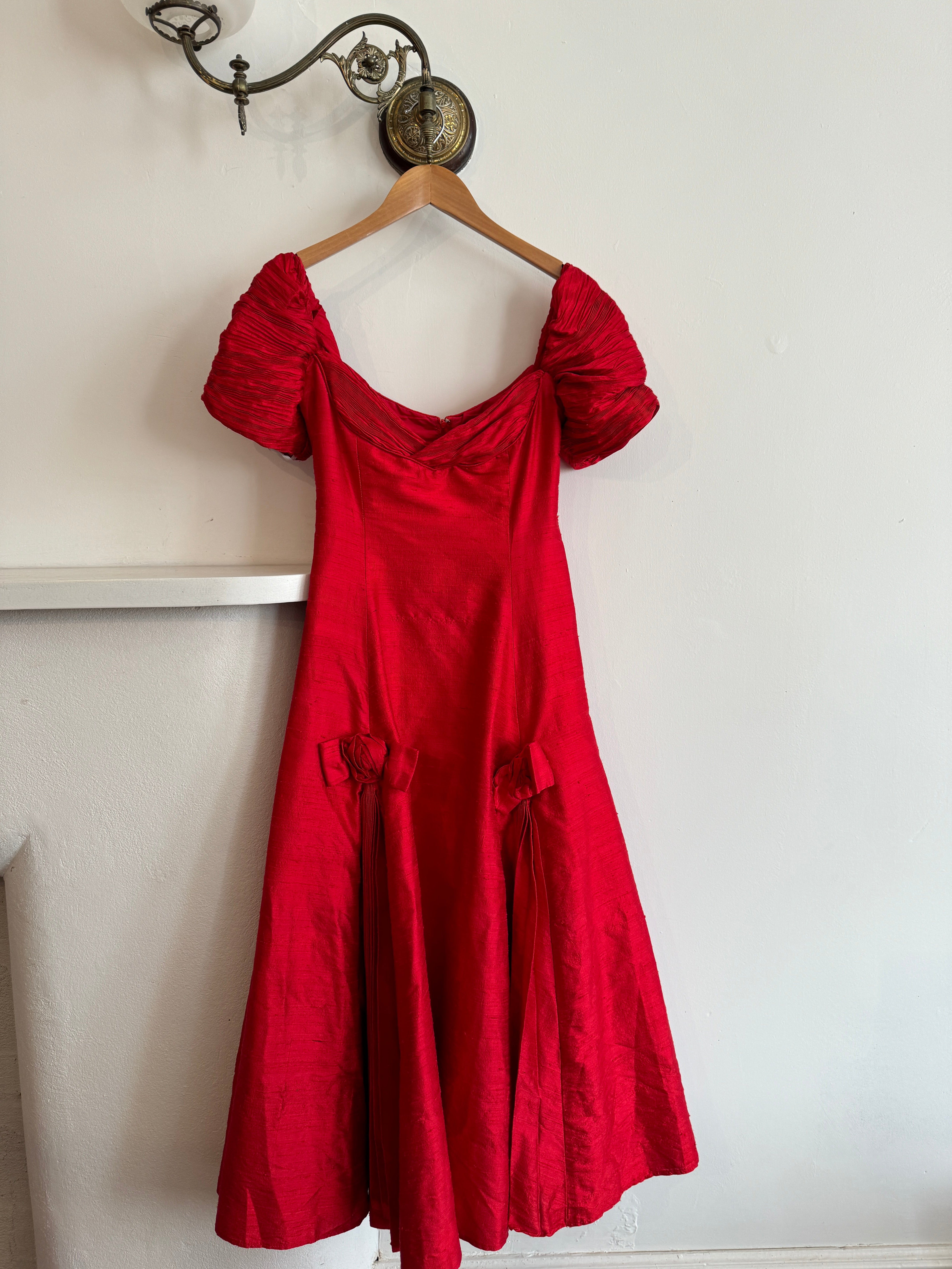 Vintage Pure Silk Red Off Shoulder Midi Dress