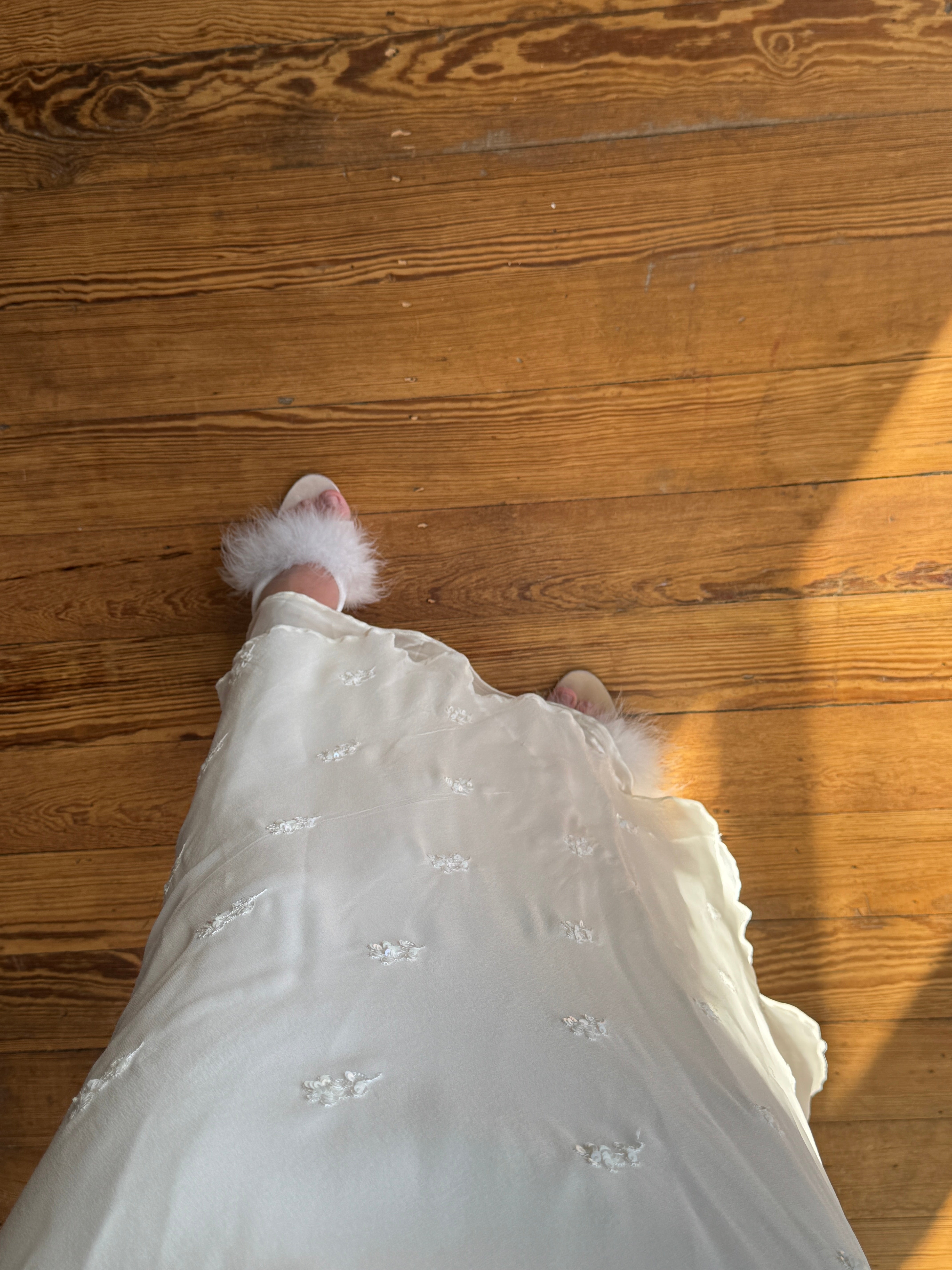 Vintage 90s Pure Silk Bias Cut Slip Embroidered Wedding Dress