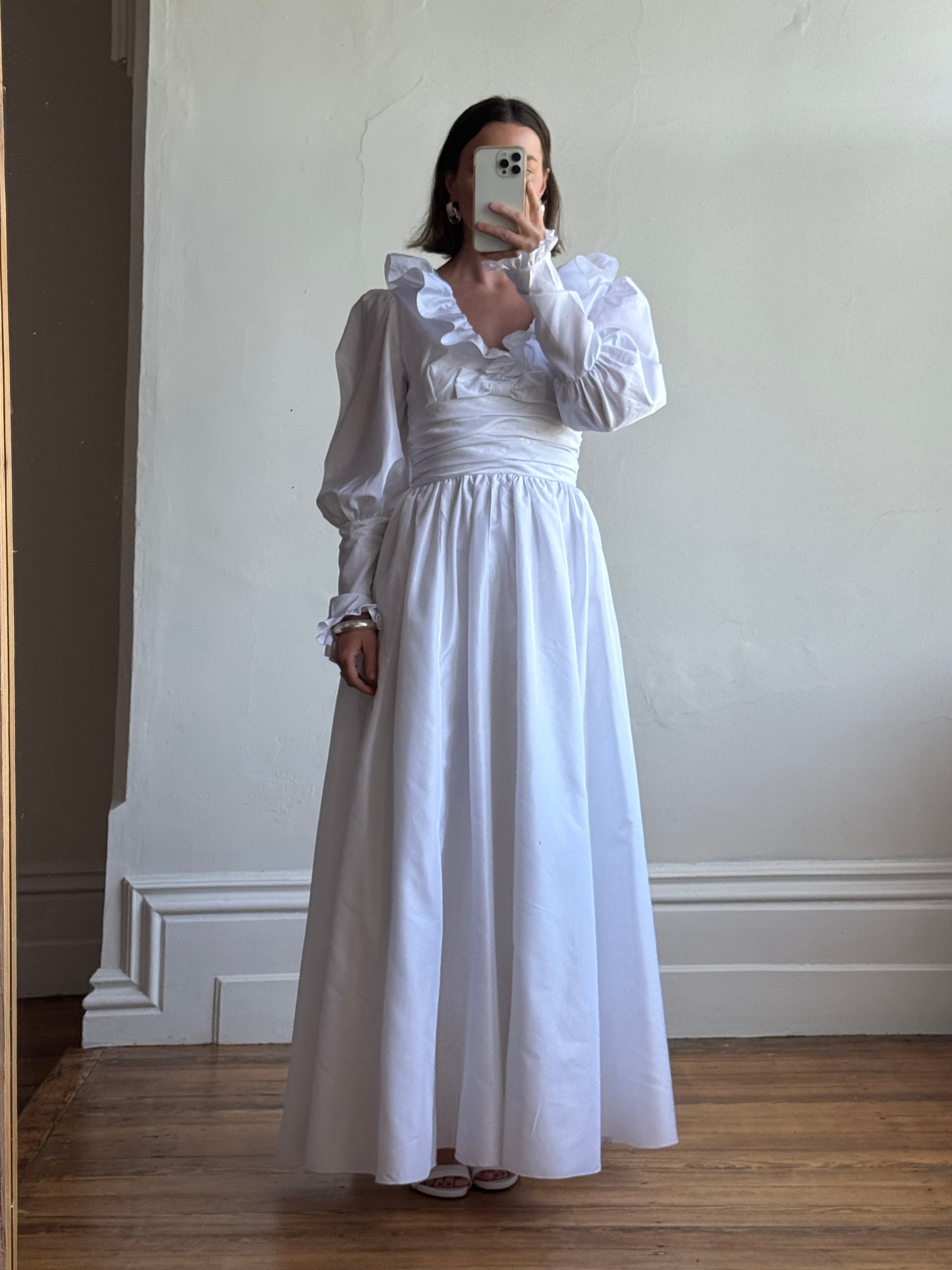 Vintage 70s Taffeta Frill Wedding Dress with Bow