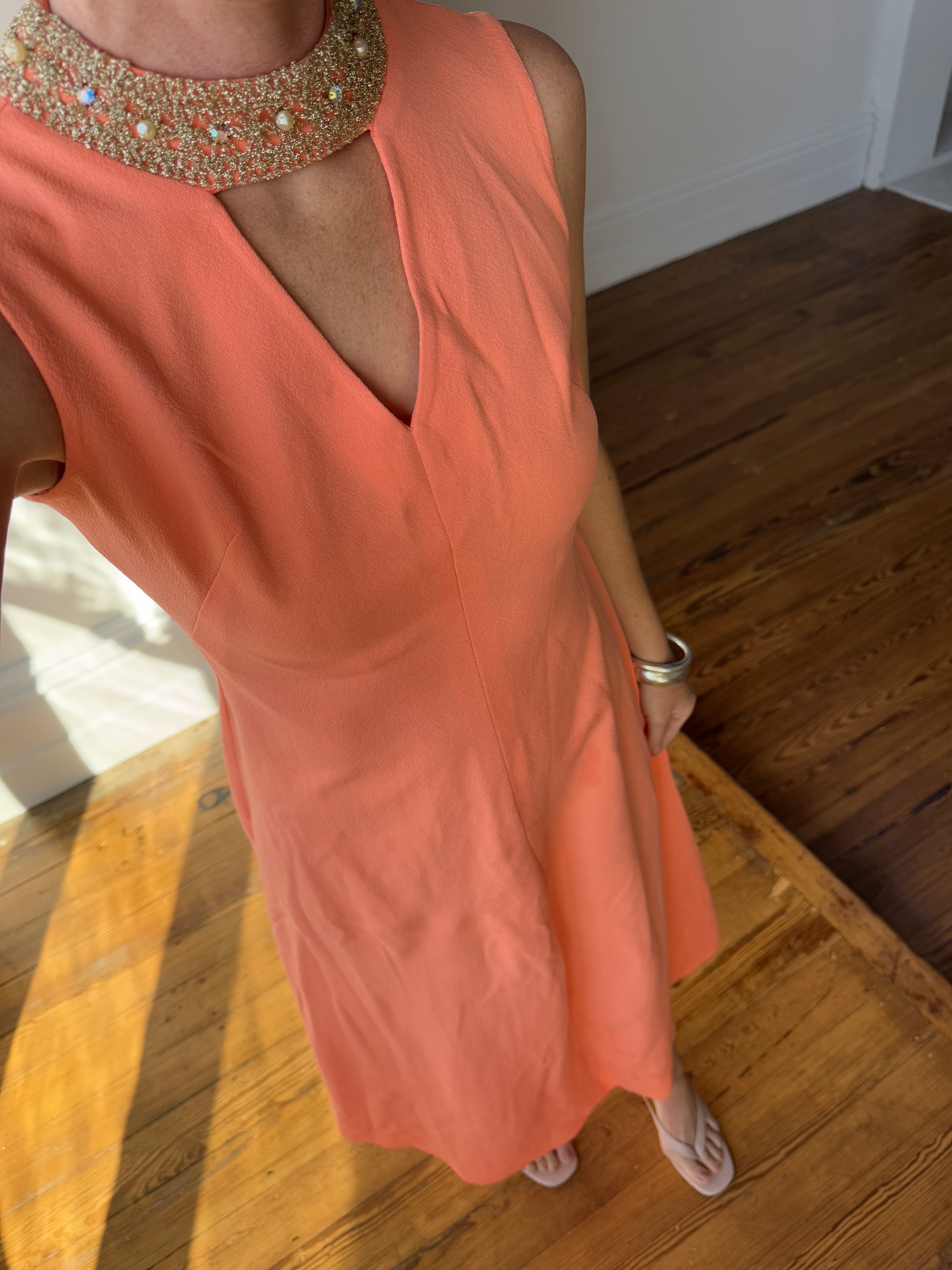 Vintage 70s Rhinestone Collared Sleeveless Dress Coral