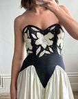Vintage 90s Navy and Creme Satin Floral Gown