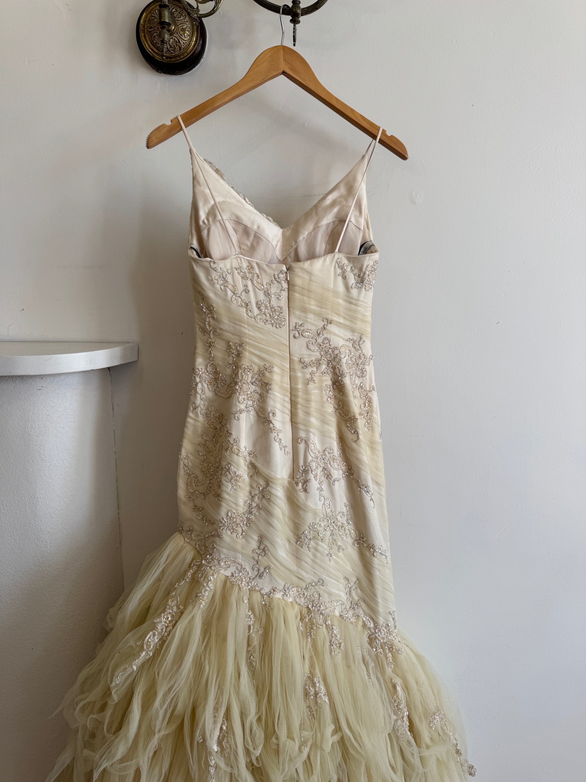 Vintage 90s Fishtail Beaded Tulle Wedding Gown Champagne