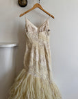 Vintage 90s Fishtail Beaded Tulle Wedding Gown Champagne