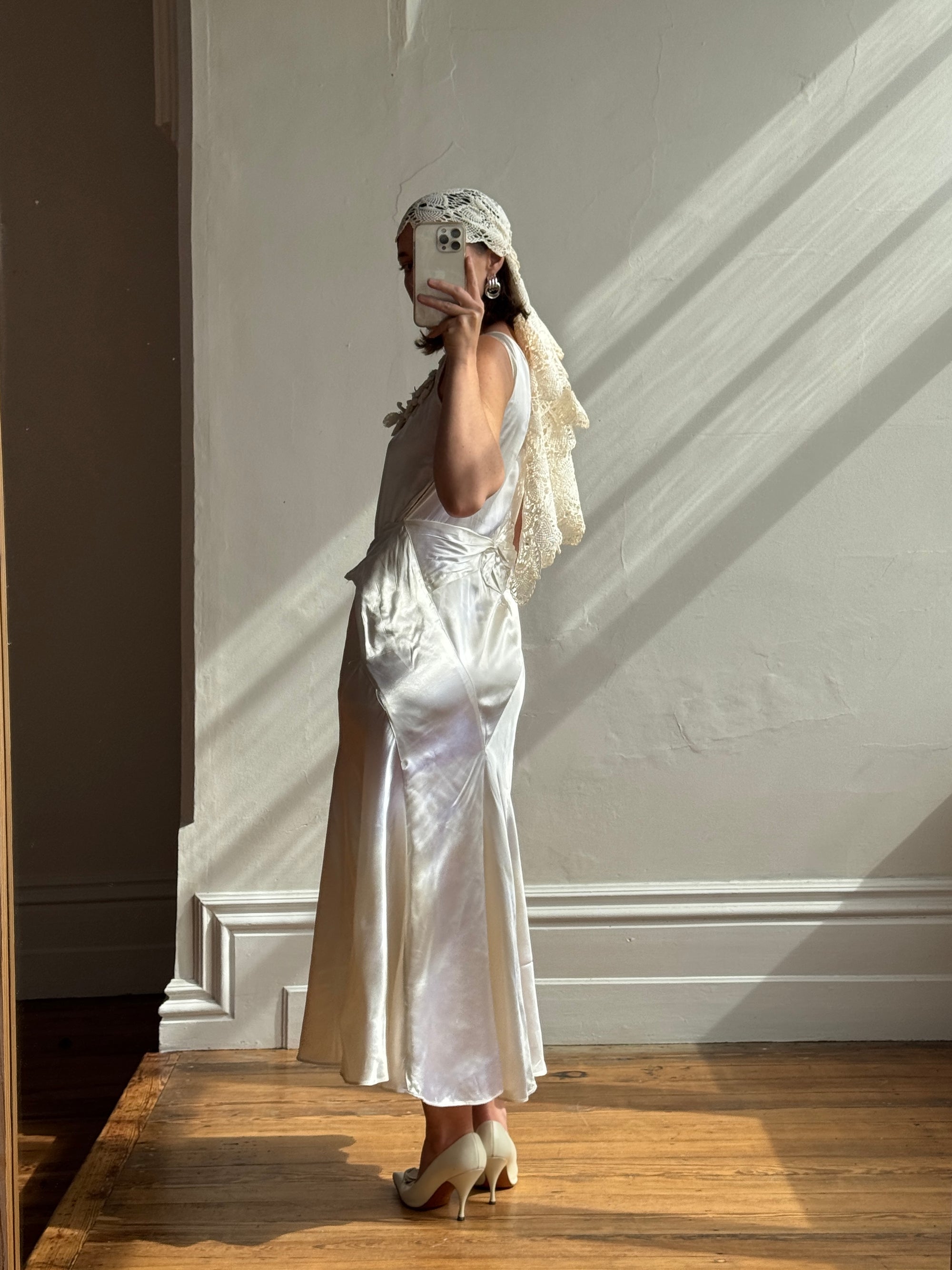 Vintage 30s Satin Bias Belted Bridal Midi