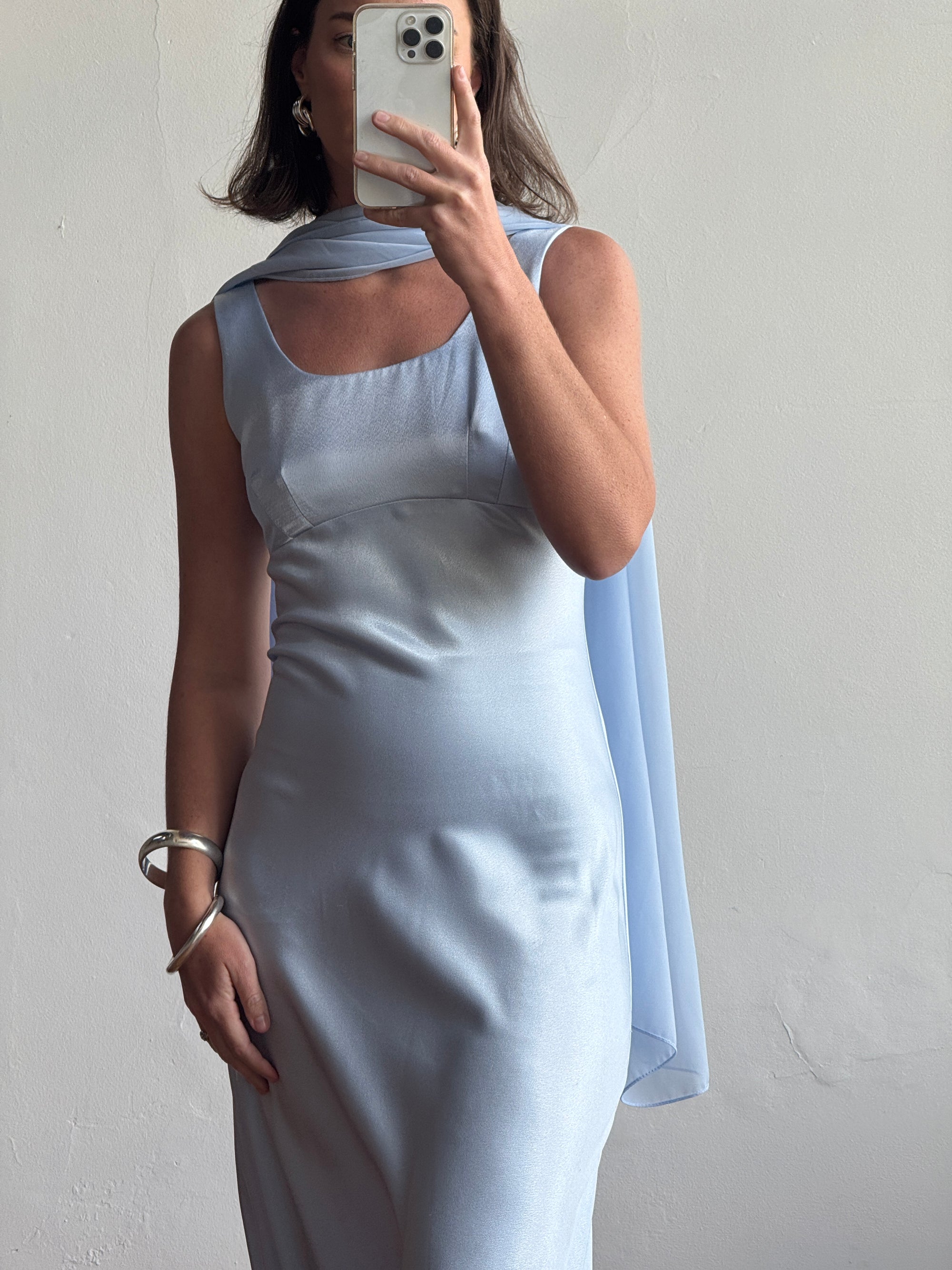 Vintage 90s Australian Made Satin Prom Dress with Scarf Ice Blue