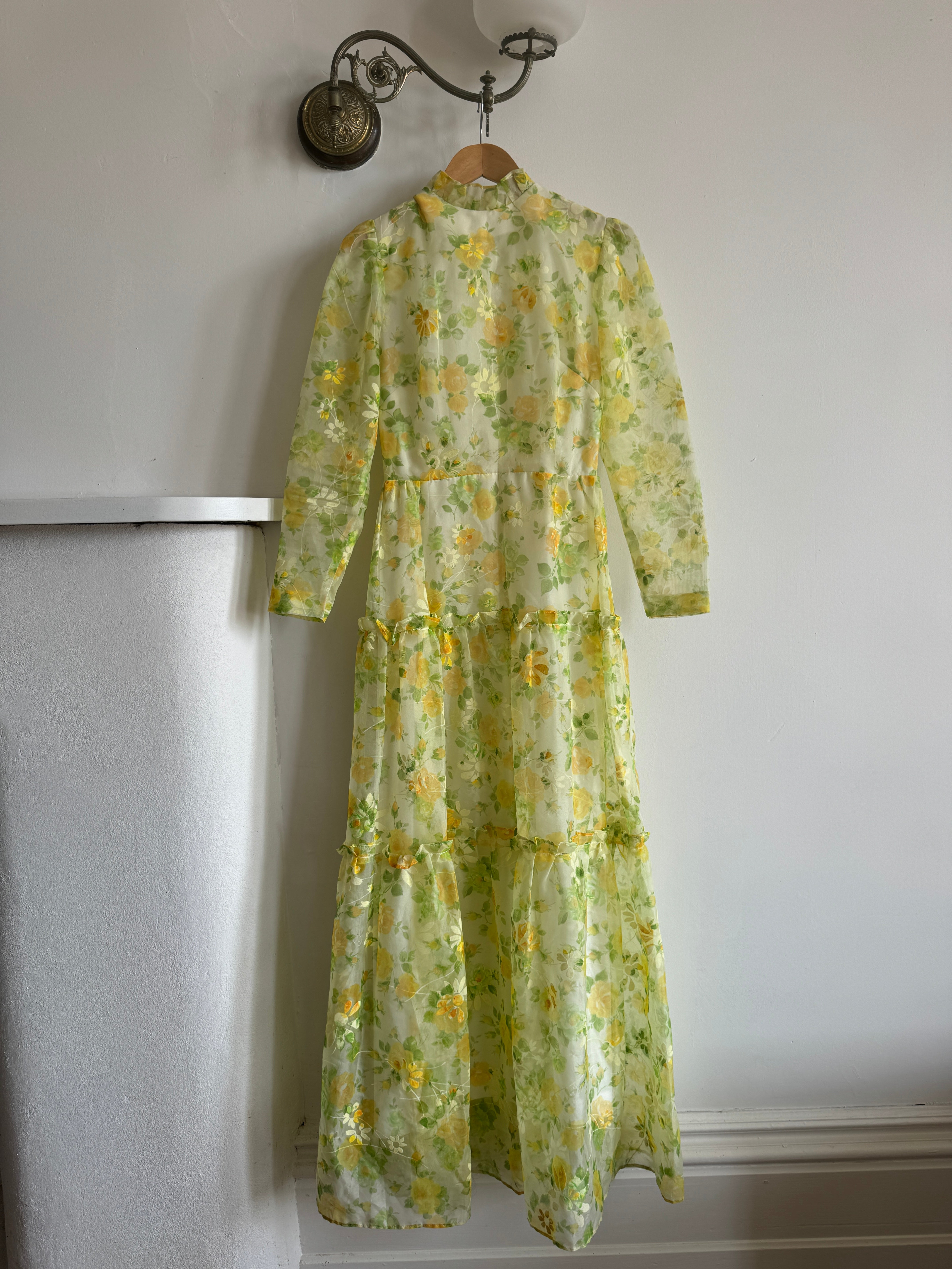 Vintage 70s Lemon Floral Tiered Maxi Dress