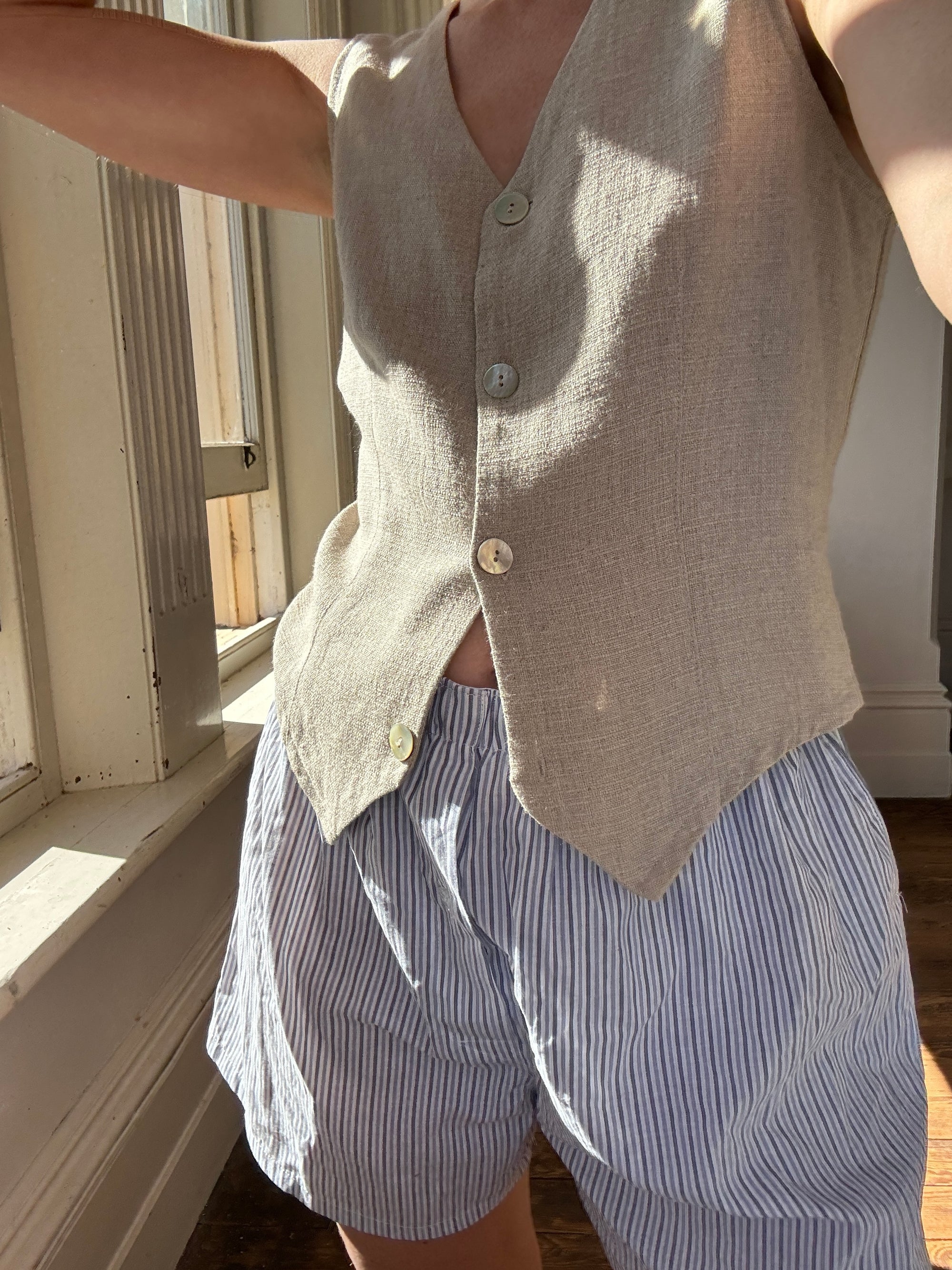 Vintage Linen Blend Beige Vest with Tie
