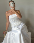 Vintage 90s Beaded Tassel Strapless Satin Wedding Gown