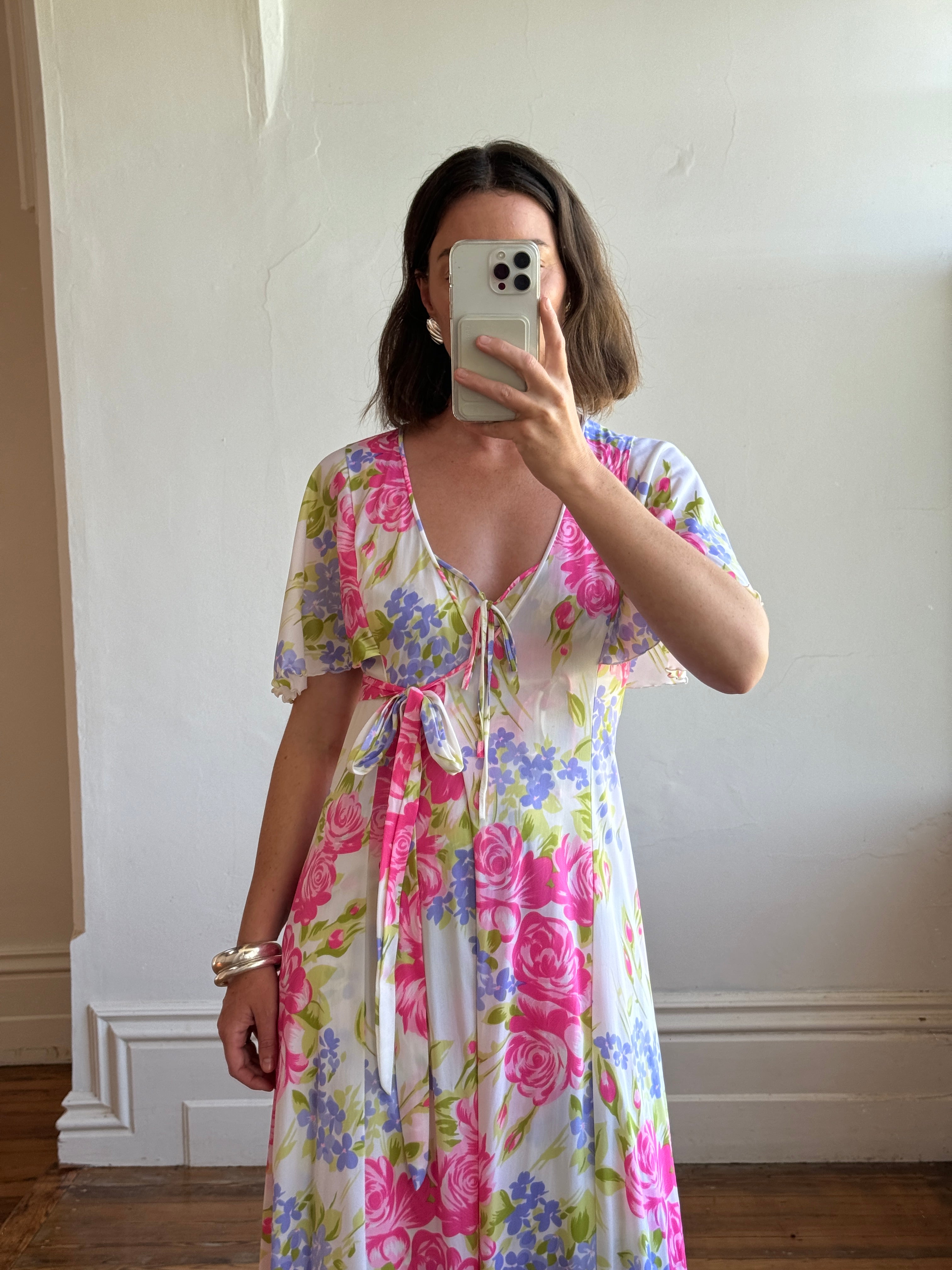 Vintage 70s Pink Floral Slip and Wrap Dress Set