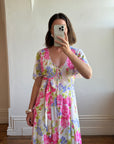 Vintage 70s Pink Floral Slip and Wrap Dress Set