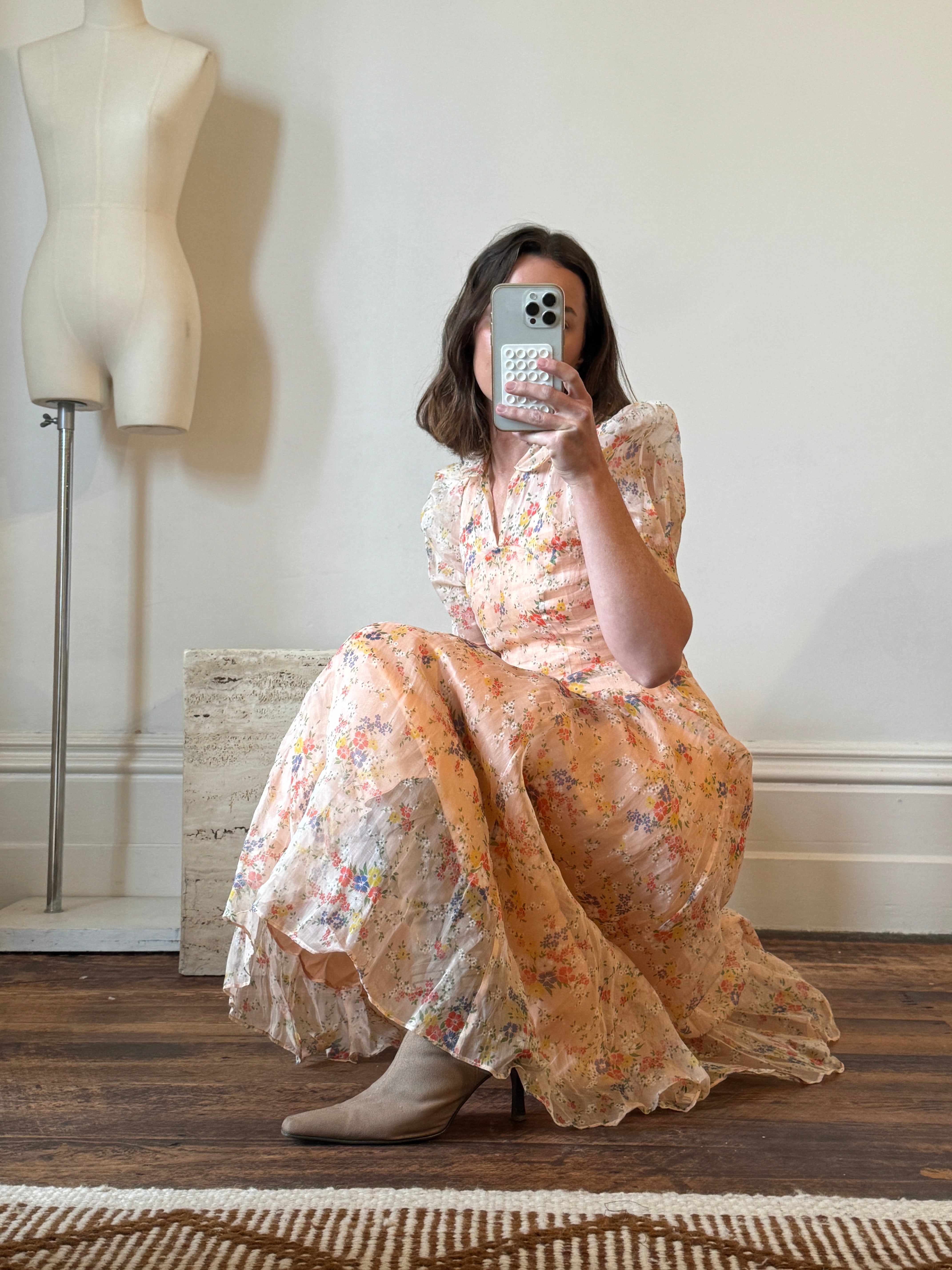 Vintage Sheer Peach Floral Collared Sundress With Tie