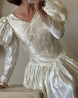 Vintage 80s Puff Sleeve Vine Satin Wedding Gown
