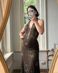 Vintage 90s Pure Silk Beaded Lace Up Dress Chocolate