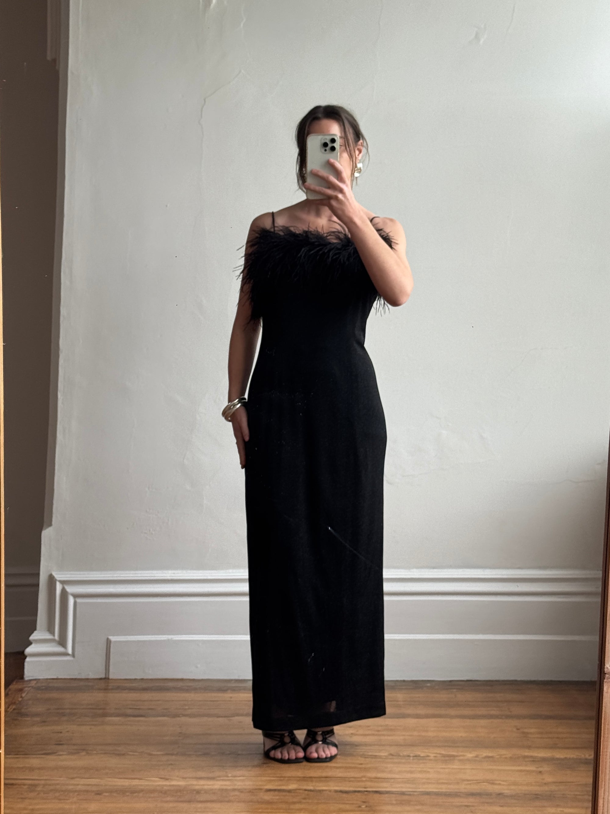 Vintage 90s Lurex Ostrich Feather Dress Noir