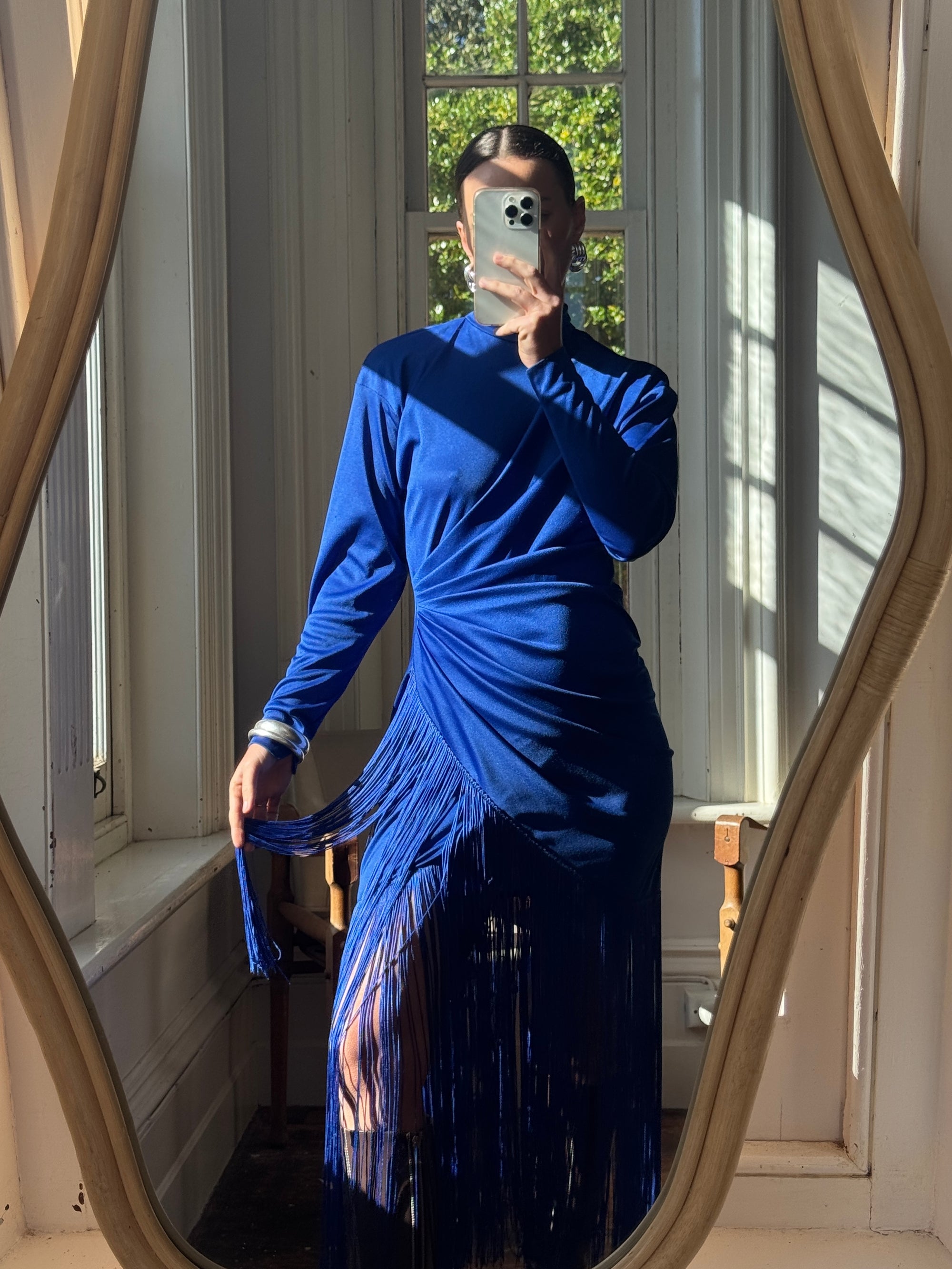 Vintage 80s Royal Blue Long Sleeve Fringe Dress