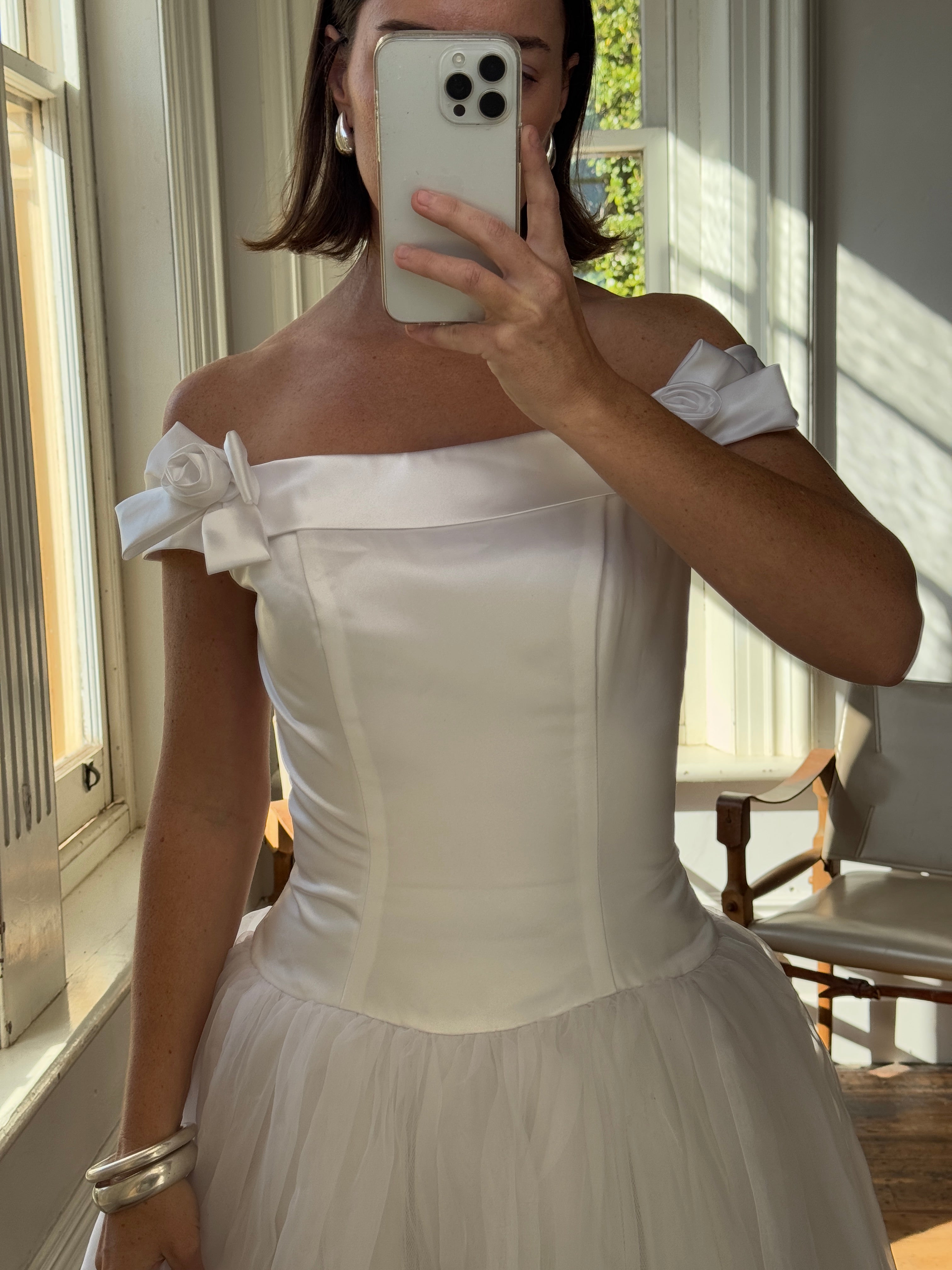 Vintage Y2K Satin Drop Waist Tulle Wedding Dress With Bows