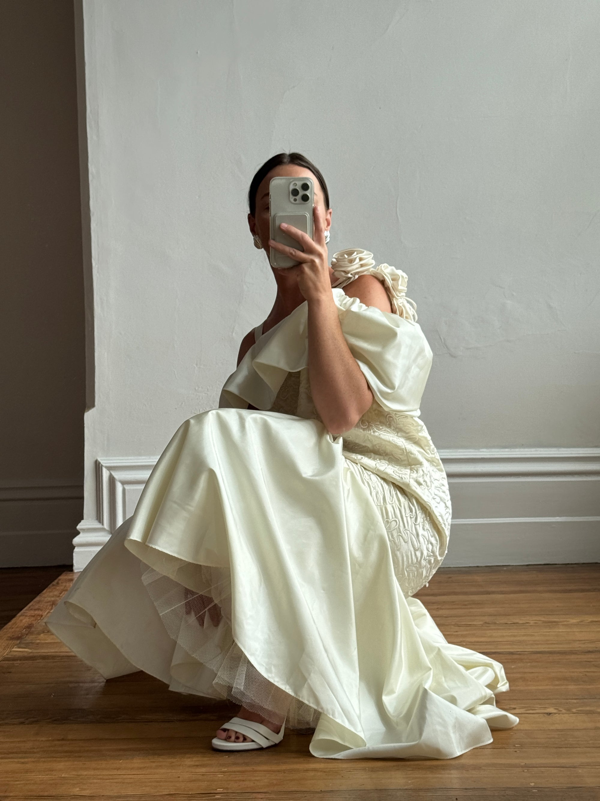 Vintage 80s Drop Waist Quilted Wedding Dress Creme