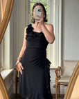 Vintage 90s One Shoulder Ruffle Jersey Dress Noir