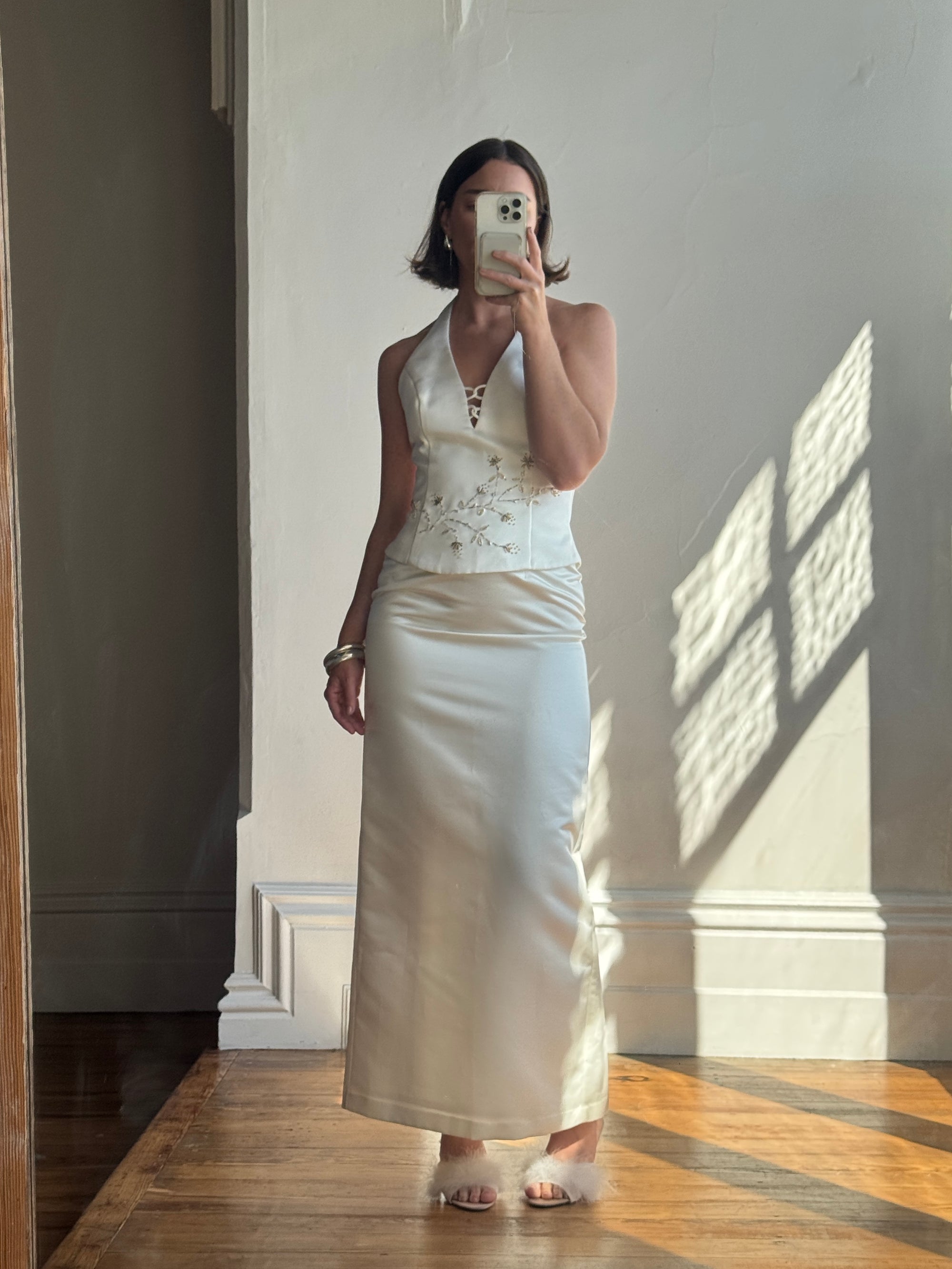 Vintage 90s Halter Two Piece Embellished Satin Wedding Set