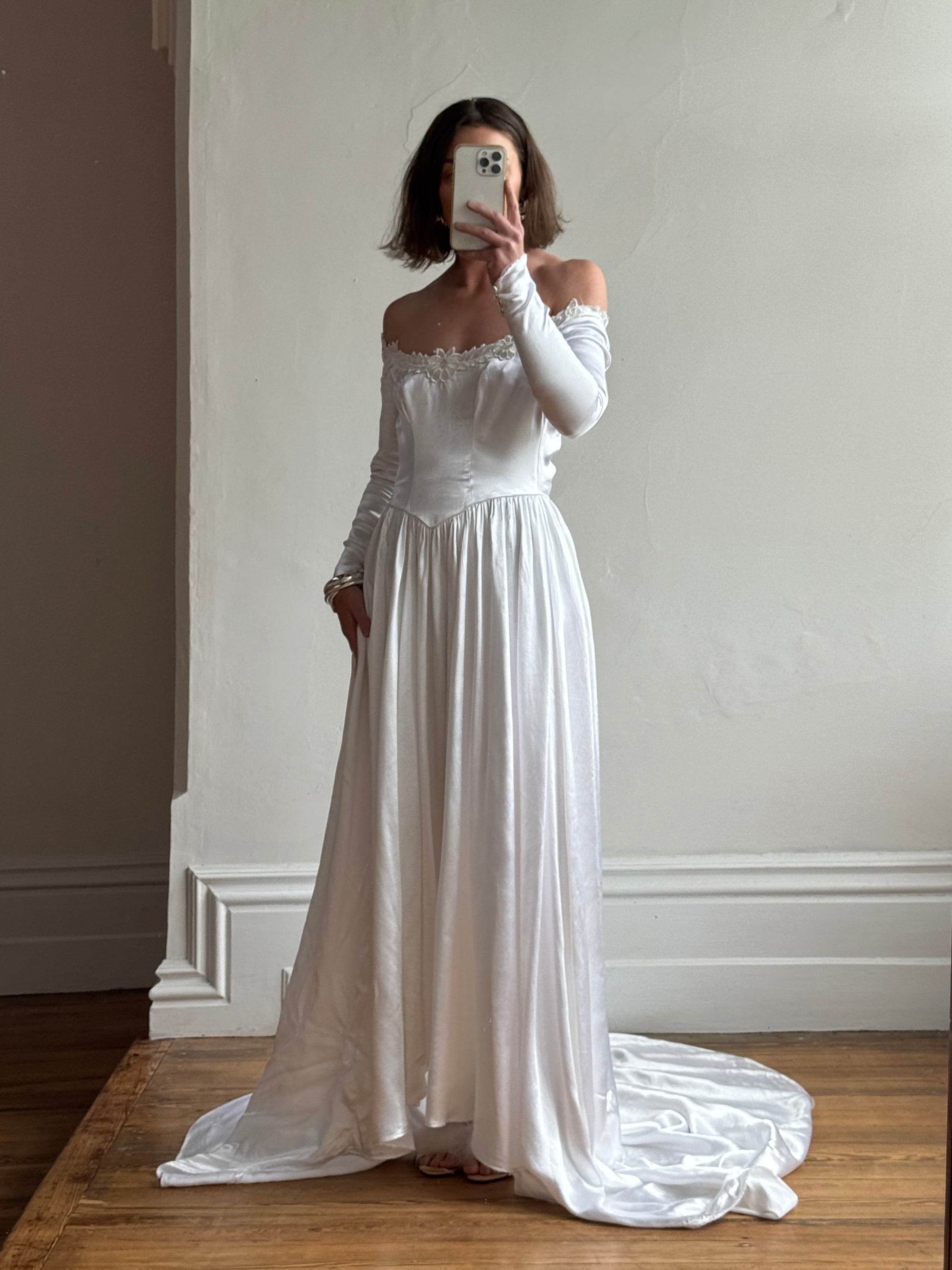 Vintage 50s Liquid Satin Scoop Applique Wedding Gown