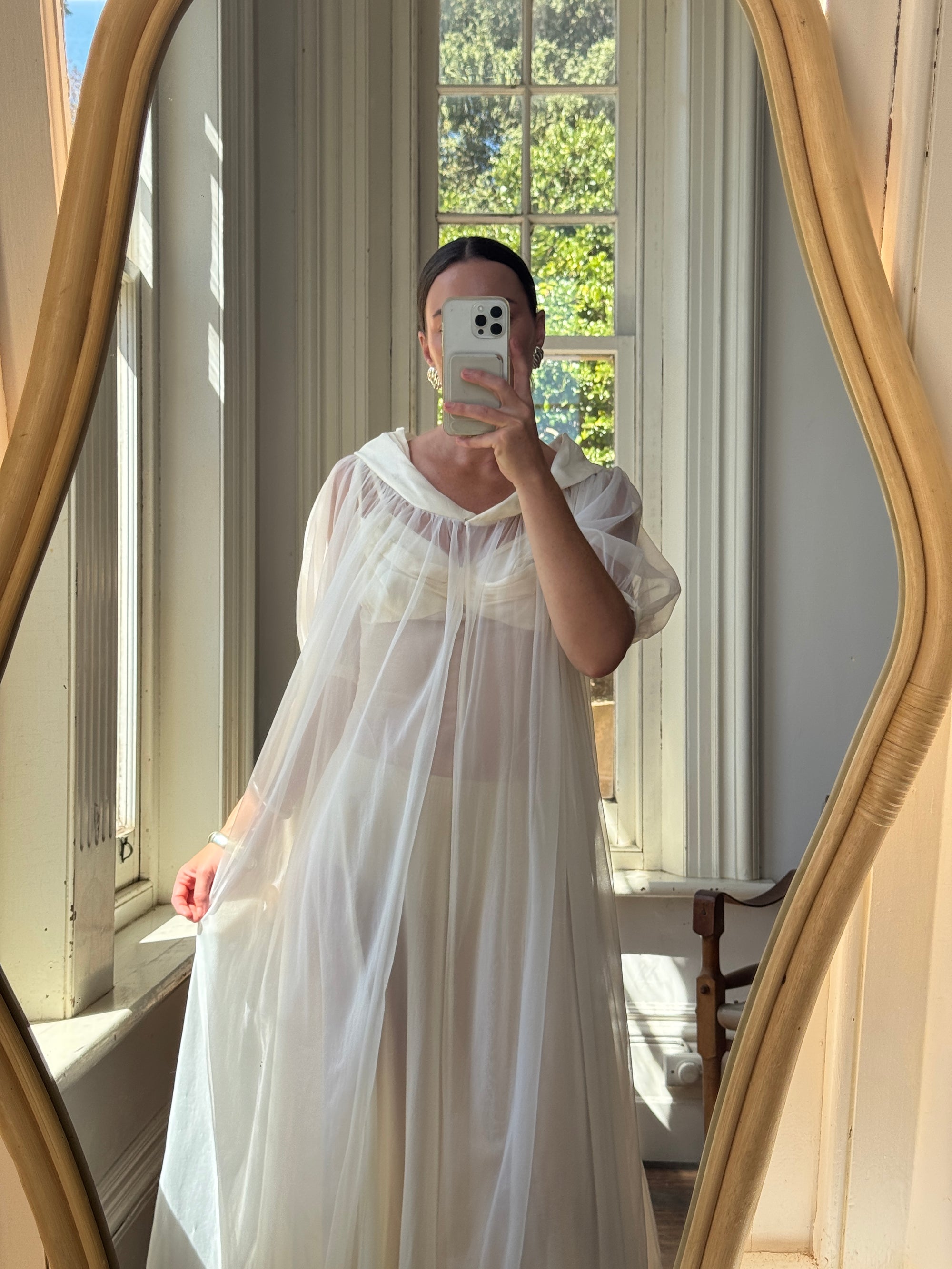 Vintage 50s Chiffon Bow Peignoir Slip Set Creme