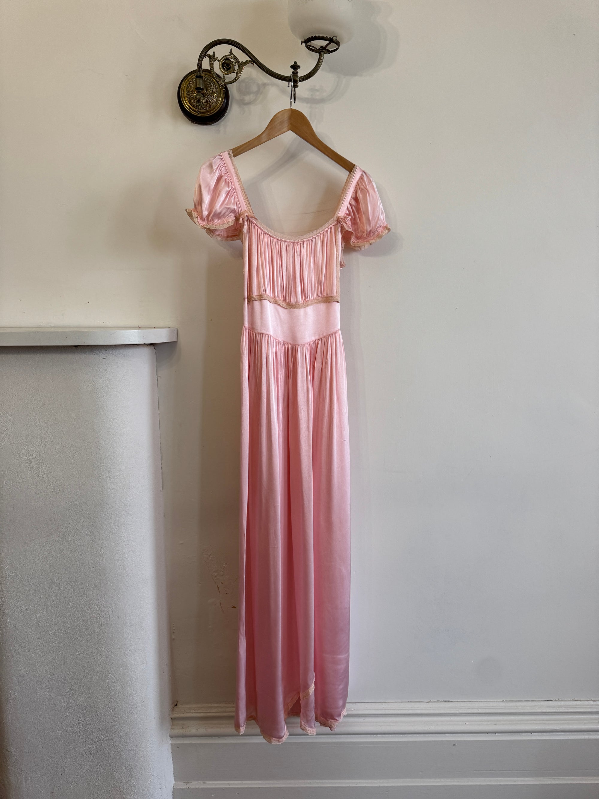Vintage 30s Baby Pink Liquid Satin Slip with Creme Lace Trim