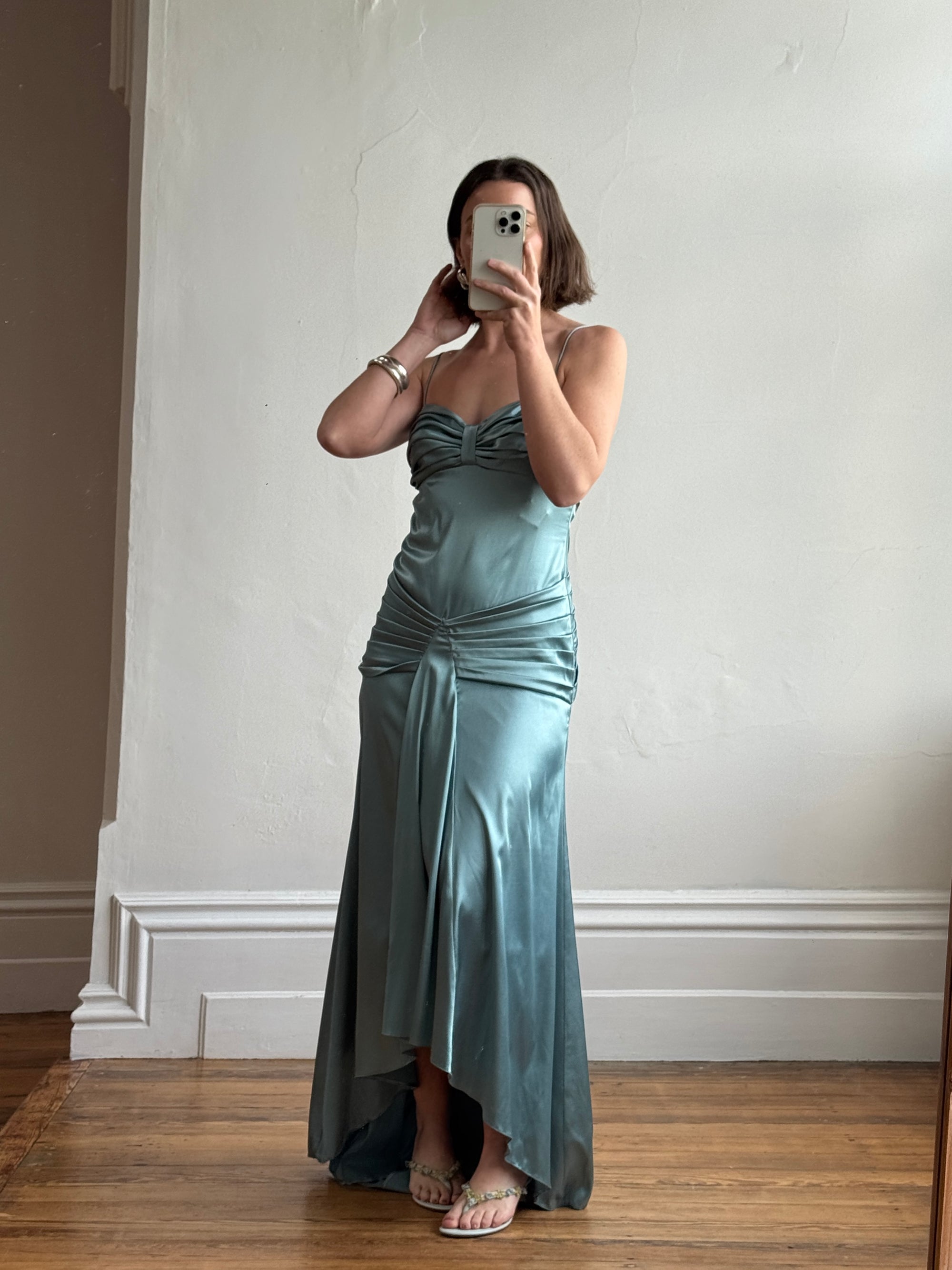 Vintage 90s Teal Satin High Low Prom Dress
