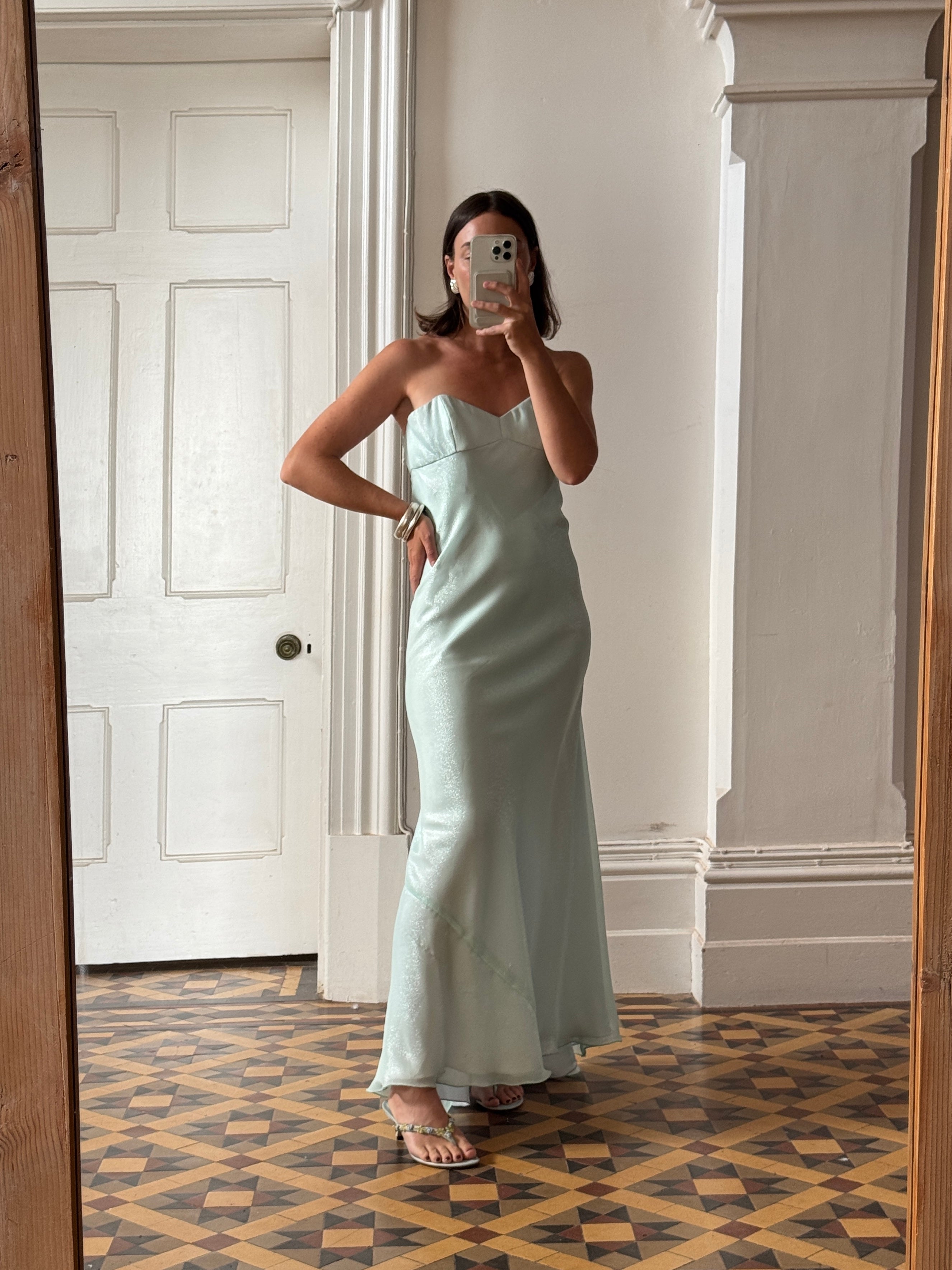 Vintage 90s Aqua Shimmer Strapless Gown