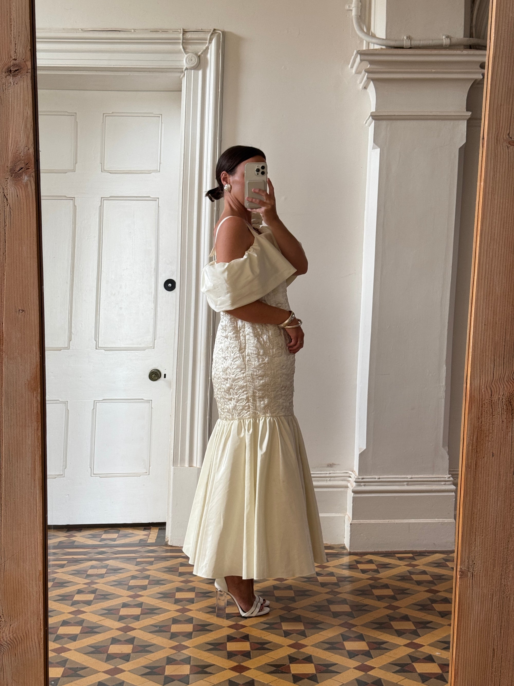 Vintage 80s Drop Waist Quilted Wedding Dress Creme