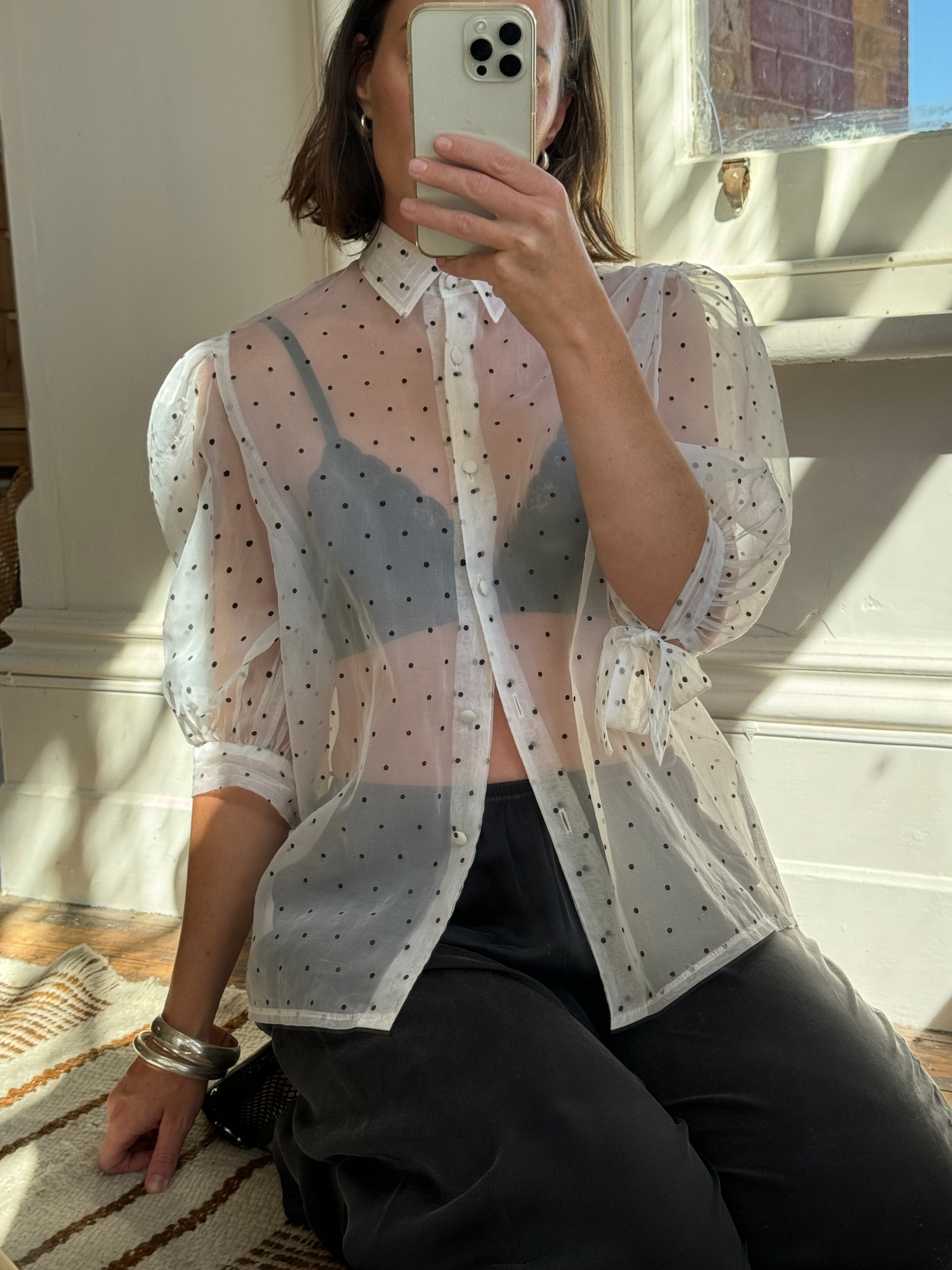Vintage Polka Dot Organza Button Up Blouse