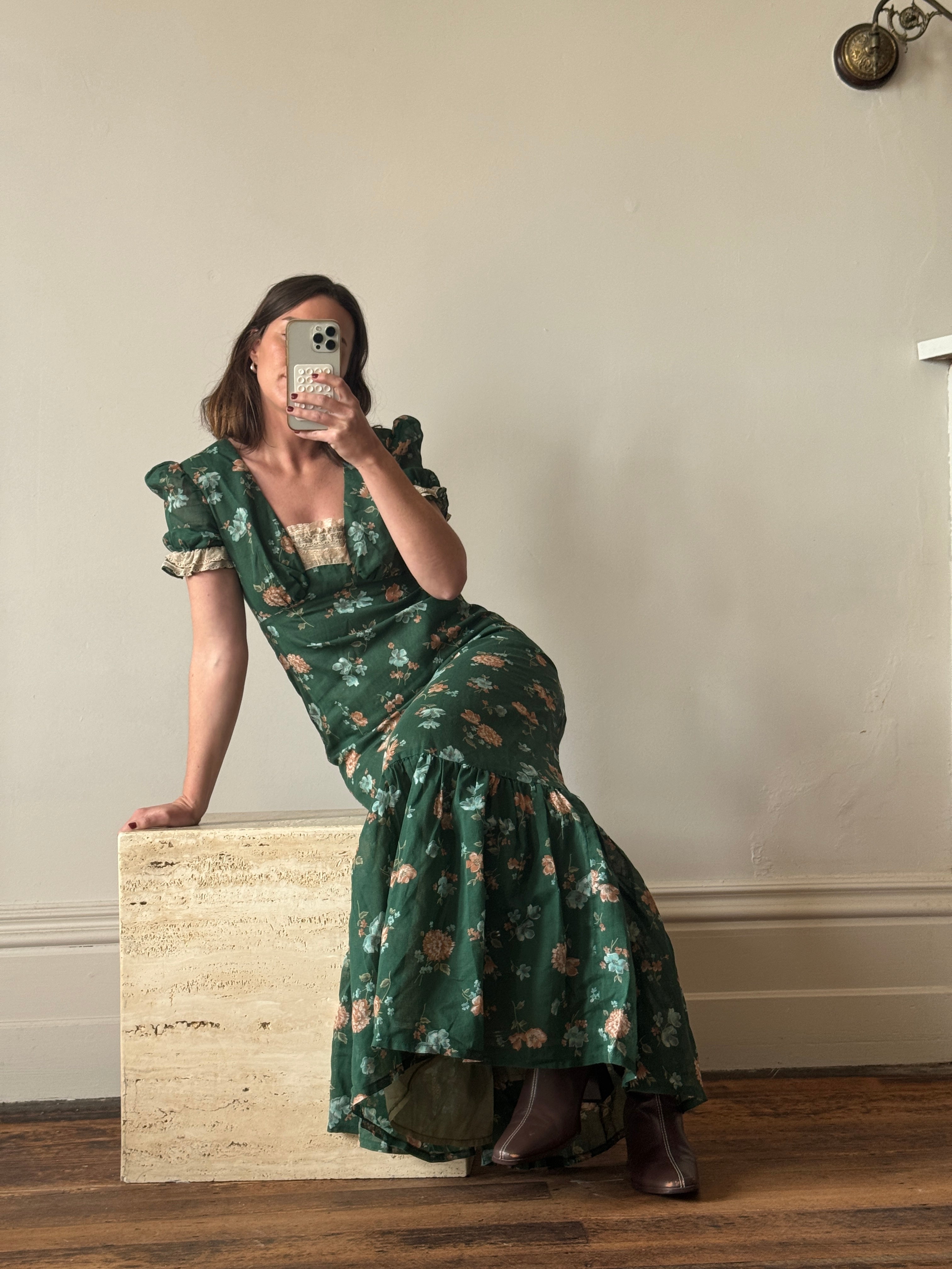 Vintage 70s Teal Garden Dress with Creme Lace