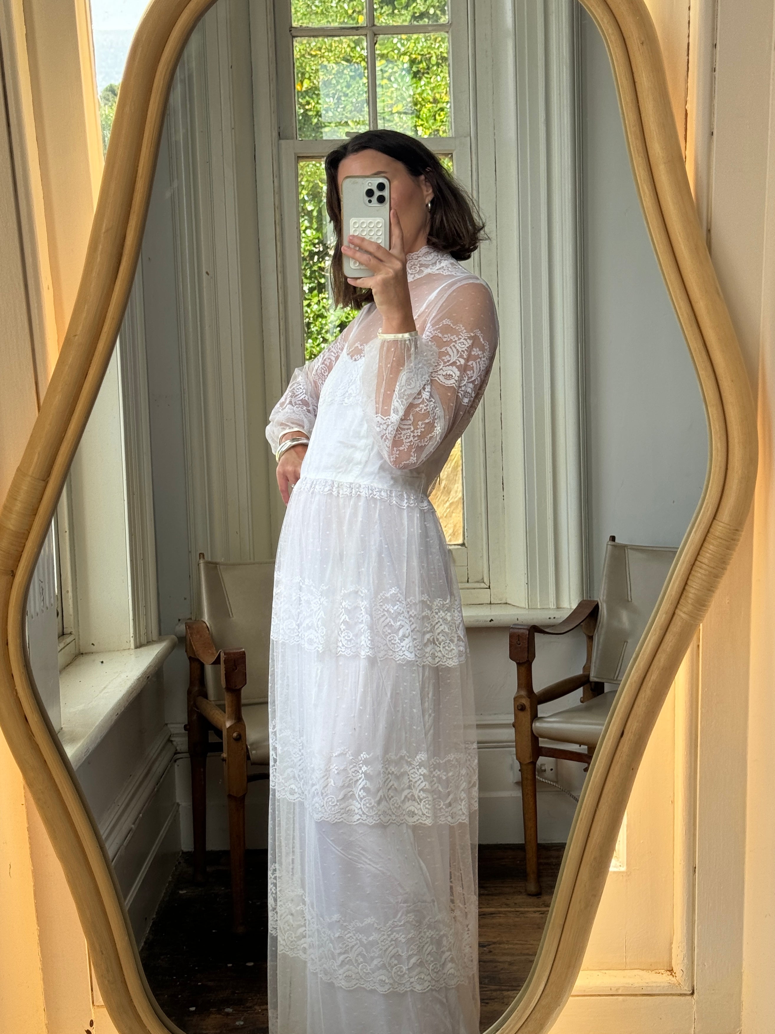 Vintage 70s Lace Long Sleeved High Neck Wedding Dress