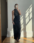 Vintage 70s High Neck Silver Lurex Evening Gown Noir