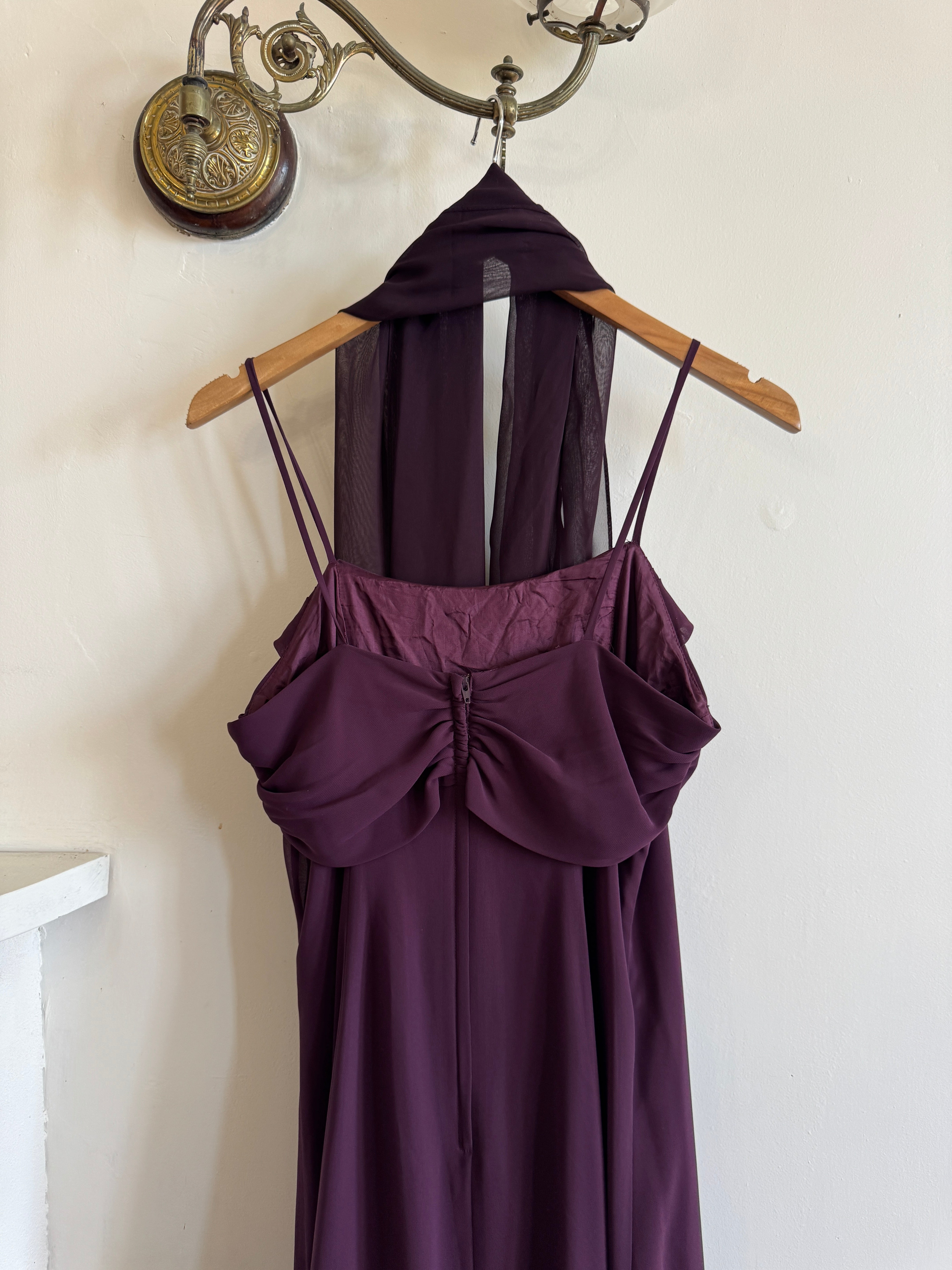 Vintage 90s Eggplant Cowl Neck Dress With Scarf