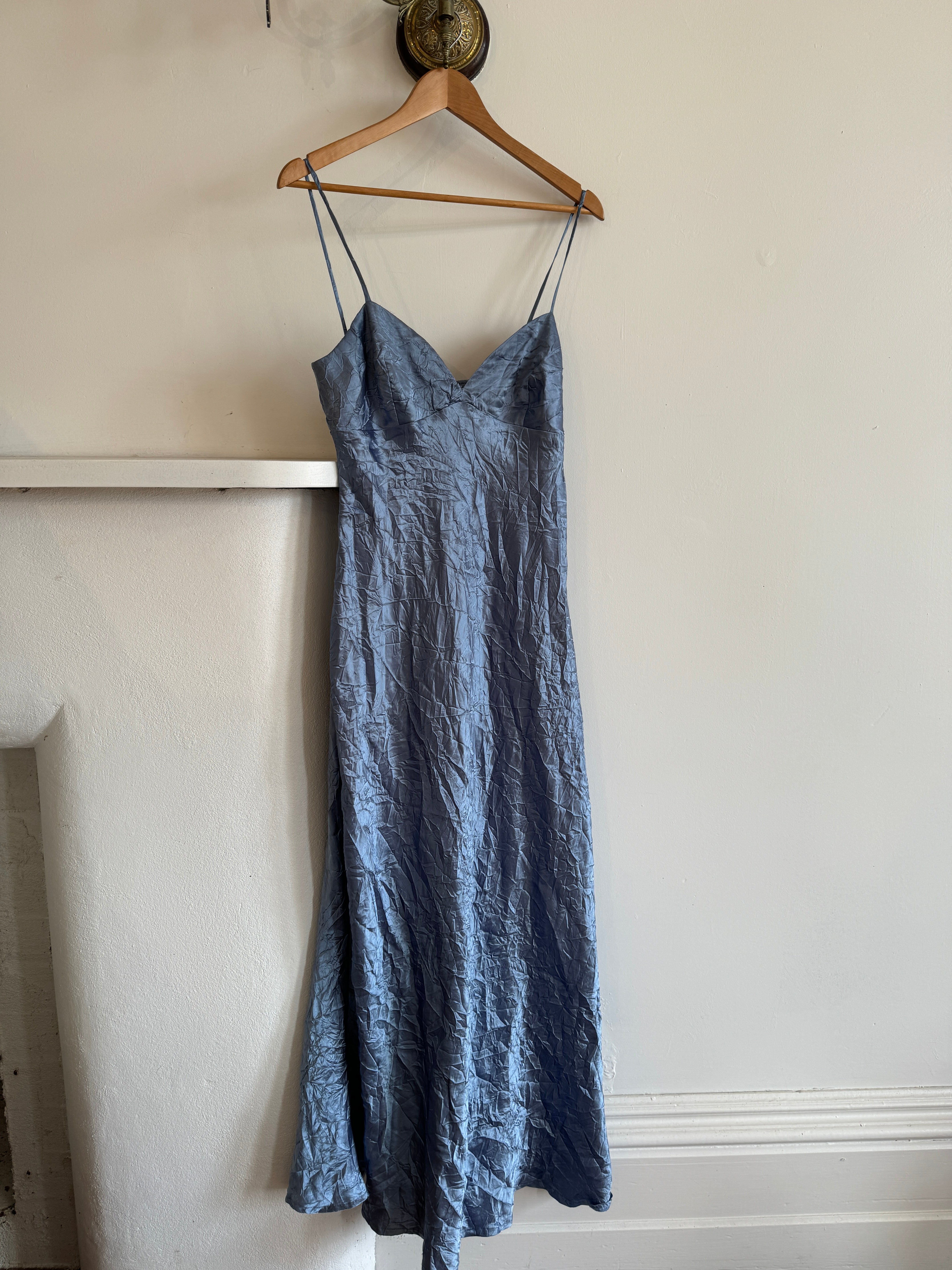 Vintage 90s Blue Crinkle Bias Slip Dress