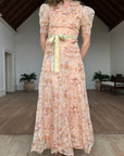 Vintage Sheer Peach Floral Collared Sundress With Tie
