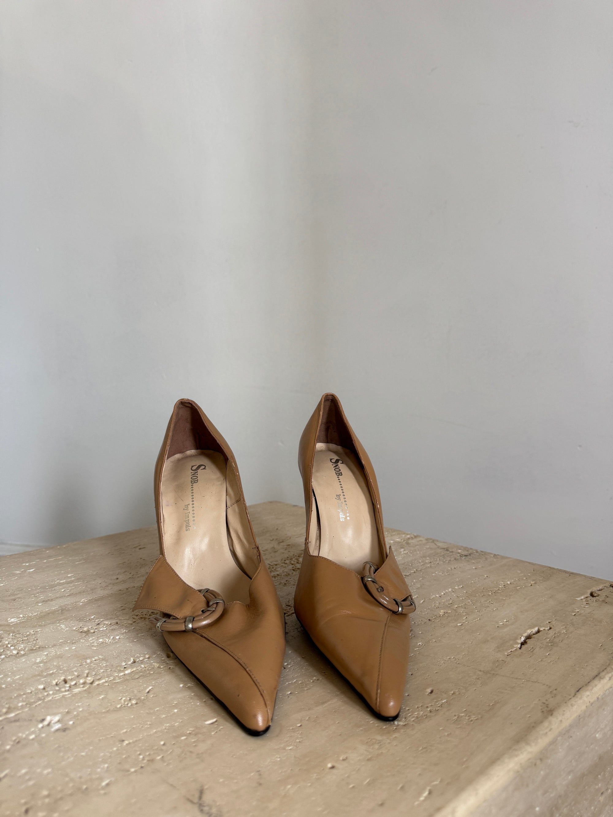 Vintage Y2K Tan Leather Buckle Stiletto Heels
