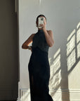 Vintage 70s High Neck Silver Lurex Evening Gown Noir