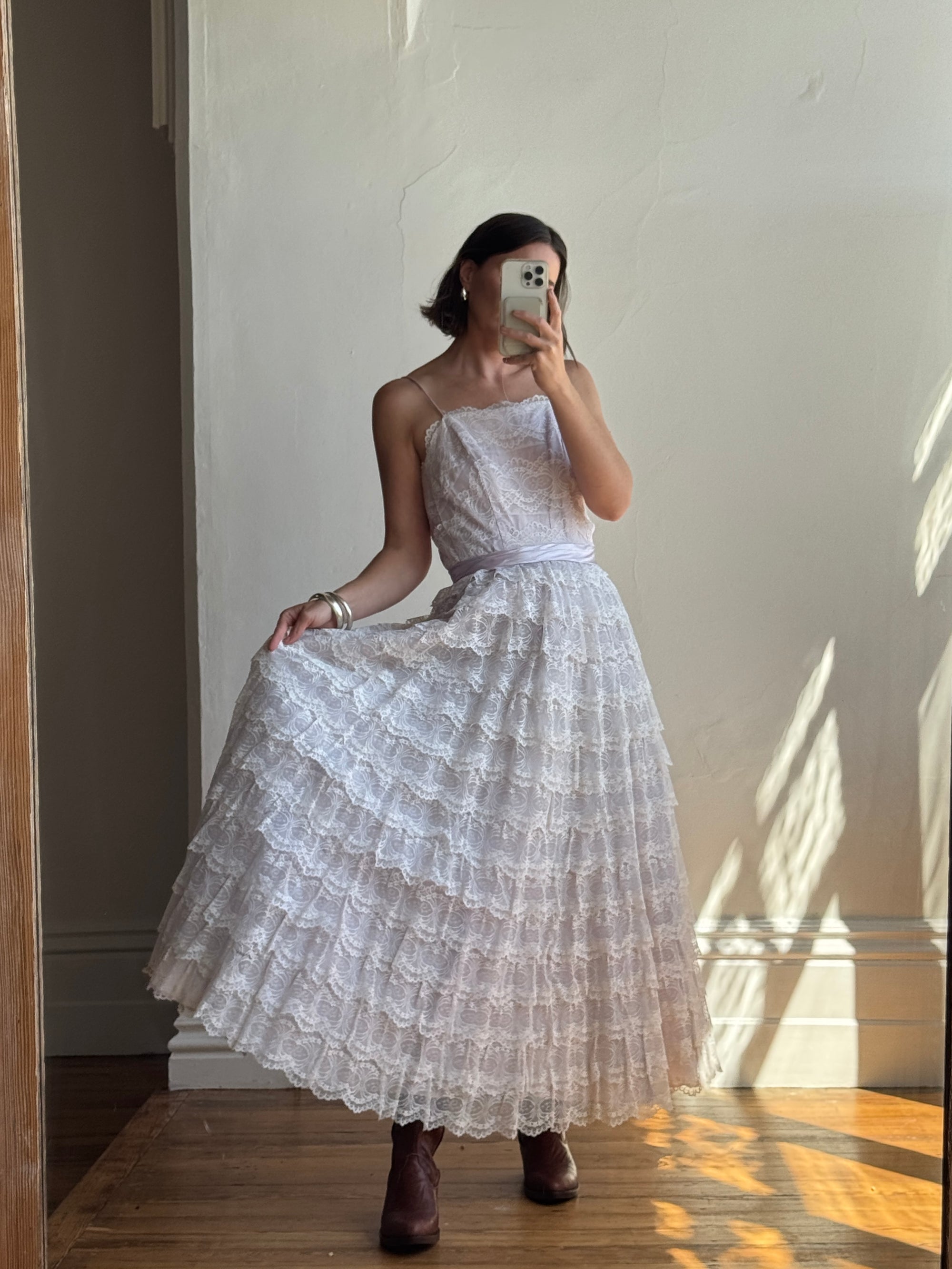 Vintage 50s Cupcake Tiered Lace Prom Dress Lilac