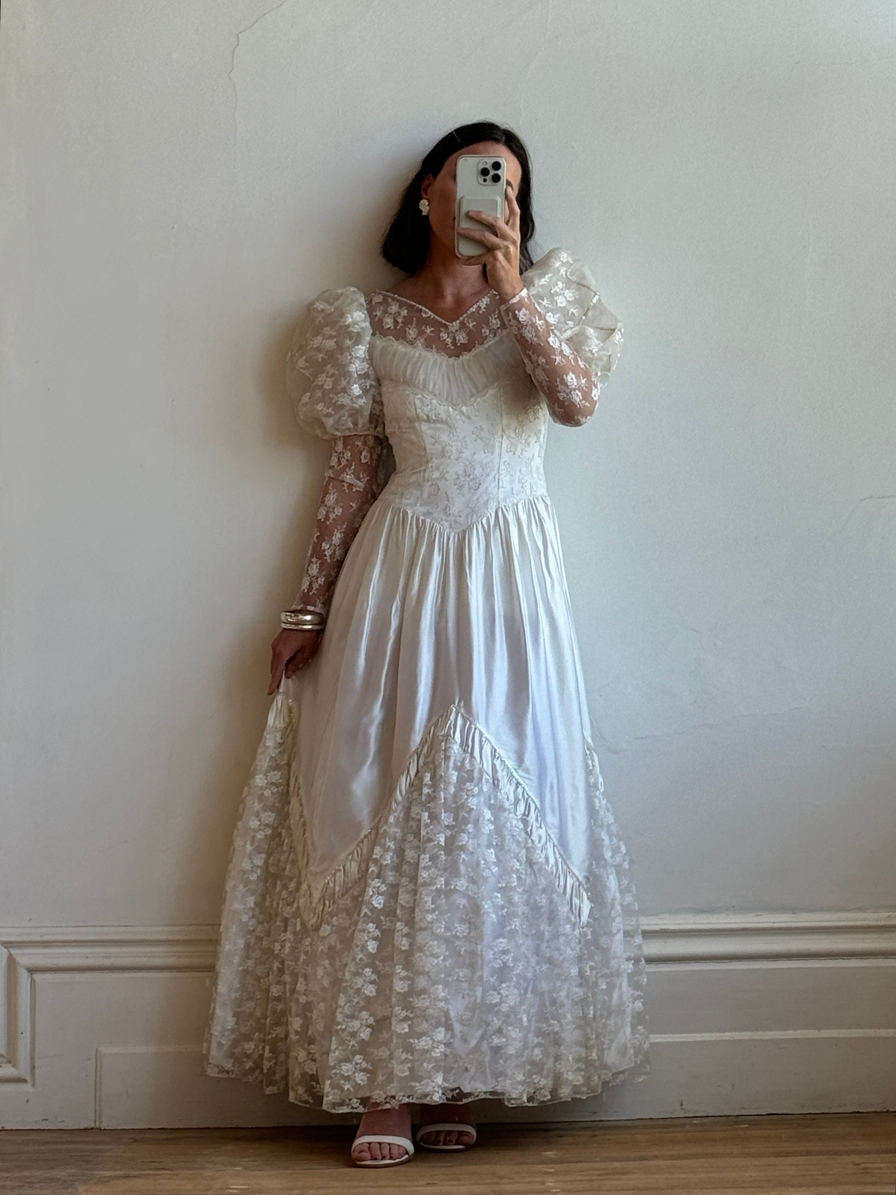 Vintage 80s Lace Satin Sequin Panelled Wedding Gown