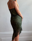 Vintage 90s Pure Silk Embellished Asymmetrical Midi Dress Olive