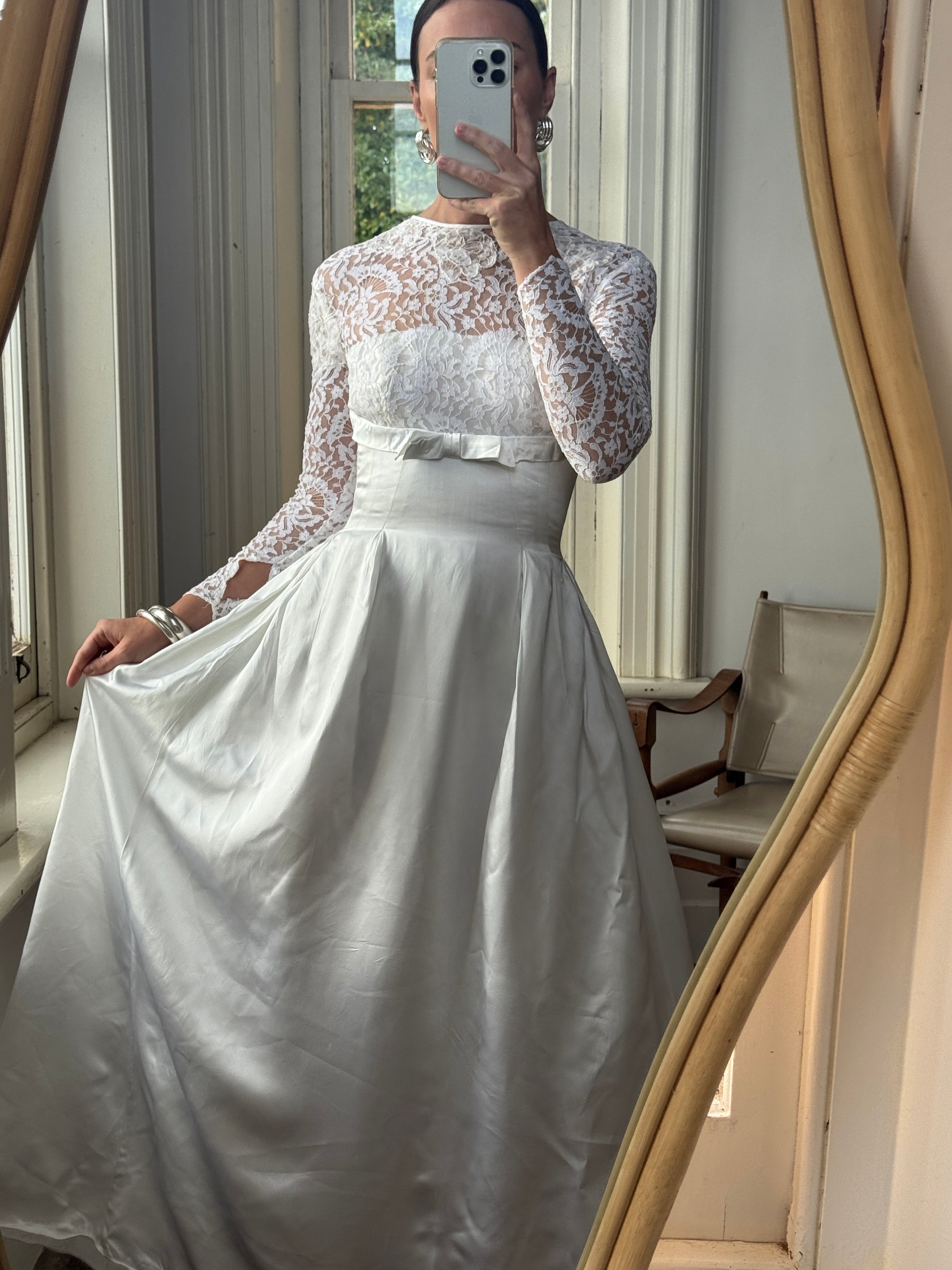 Vintage 50s Reworked Lace Long Sleeve Satin Wedding Gown With Bow