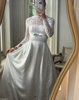 Vintage 50s Reworked Lace Long Sleeve Satin Wedding Gown With Bow