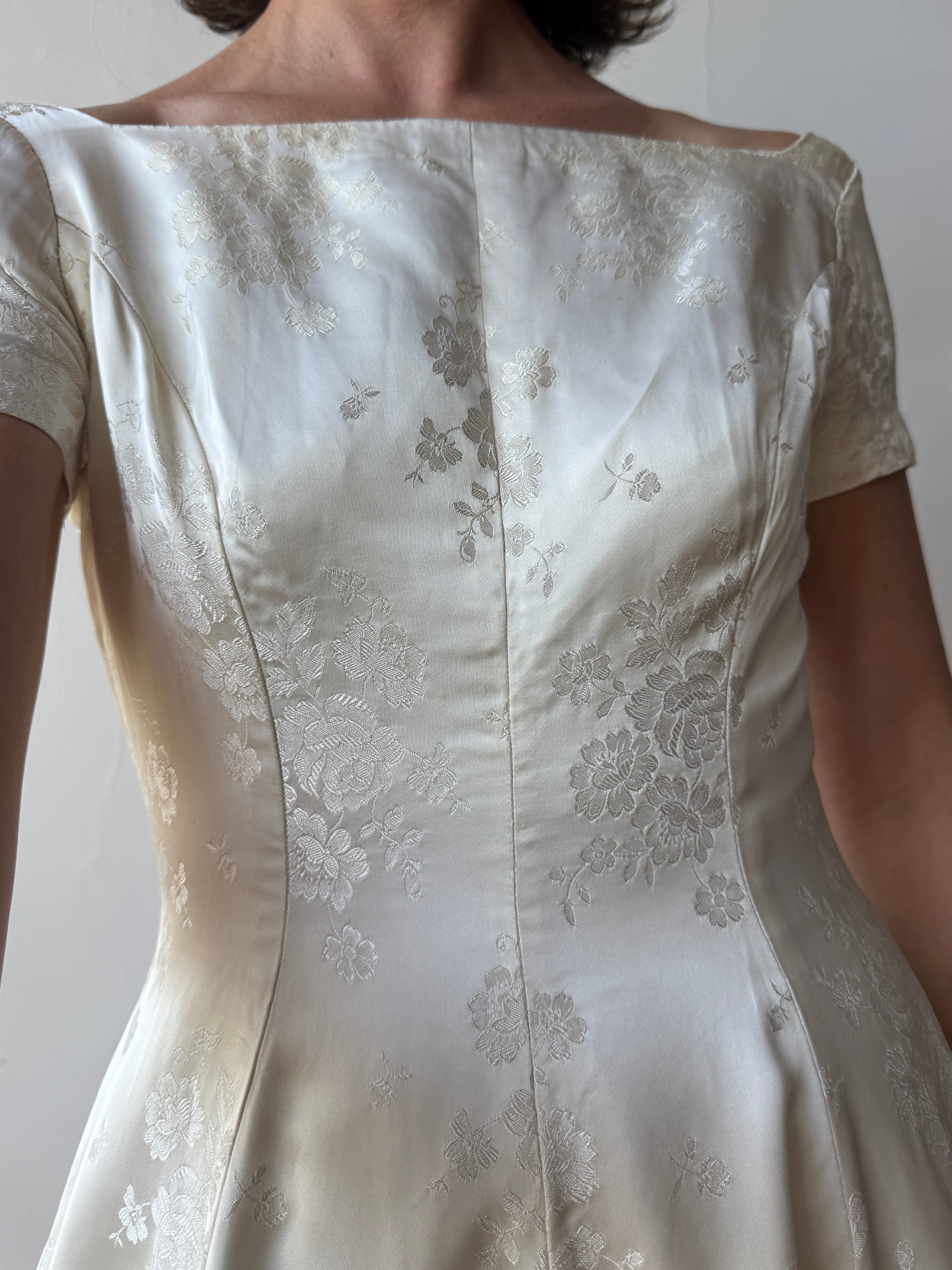Vintage 50s Tea Length Jacquard Satin and Tulle Wedding Dress
