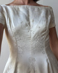 Vintage 50s Tea Length Jacquard Satin and Tulle Wedding Dress