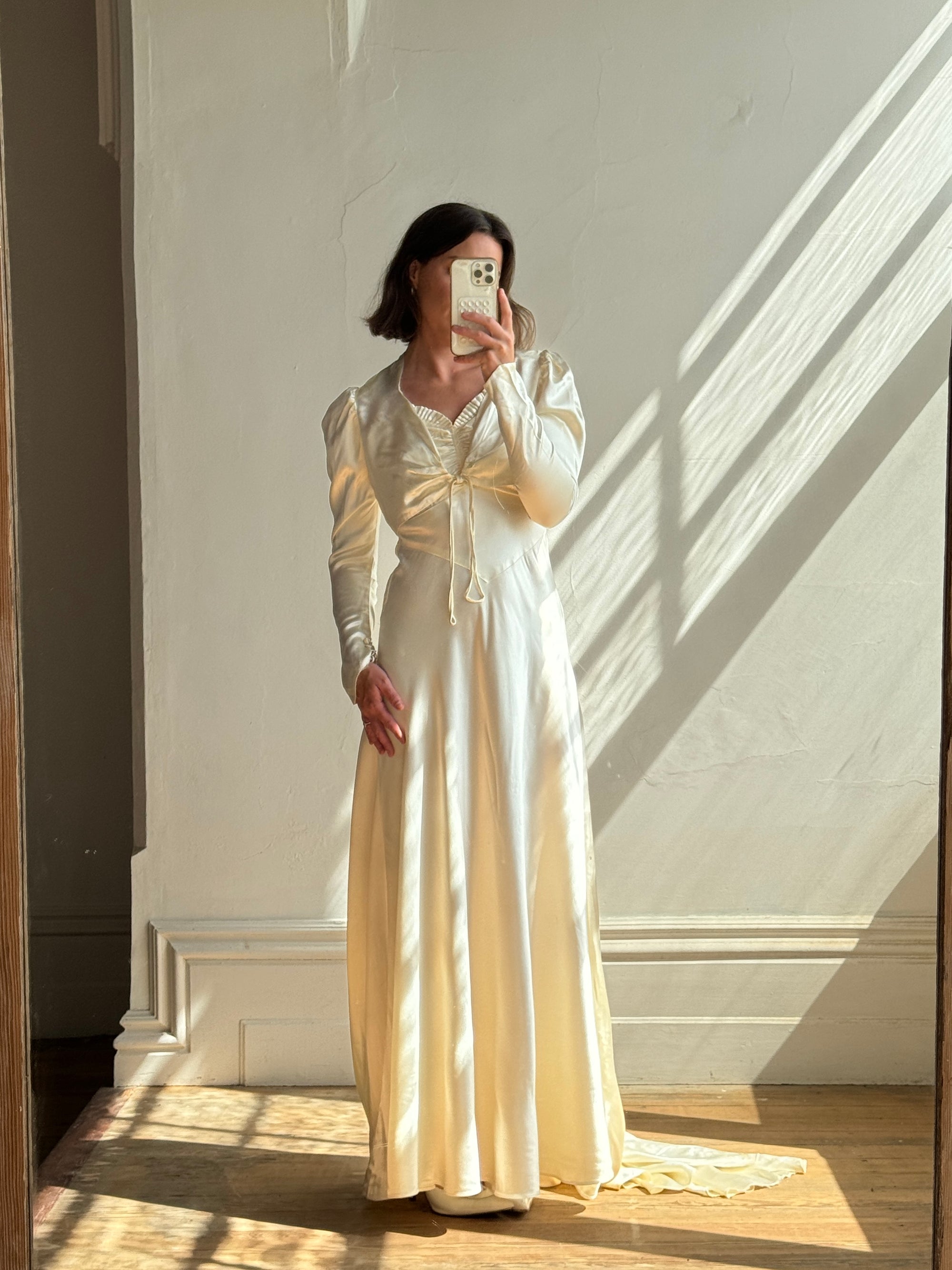 Vintage 30s Creme Liquid Satin Dress with Train and Jacket