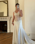 Vintage 90s Italian Naked Embroidered Satin Wedding Dress